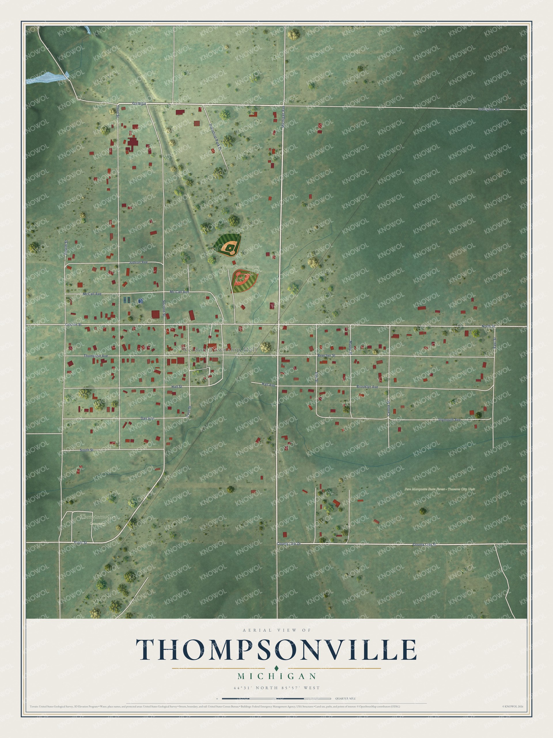 Full map of Thompsonville, Michigan, with red buildings, printed street names and the land around them