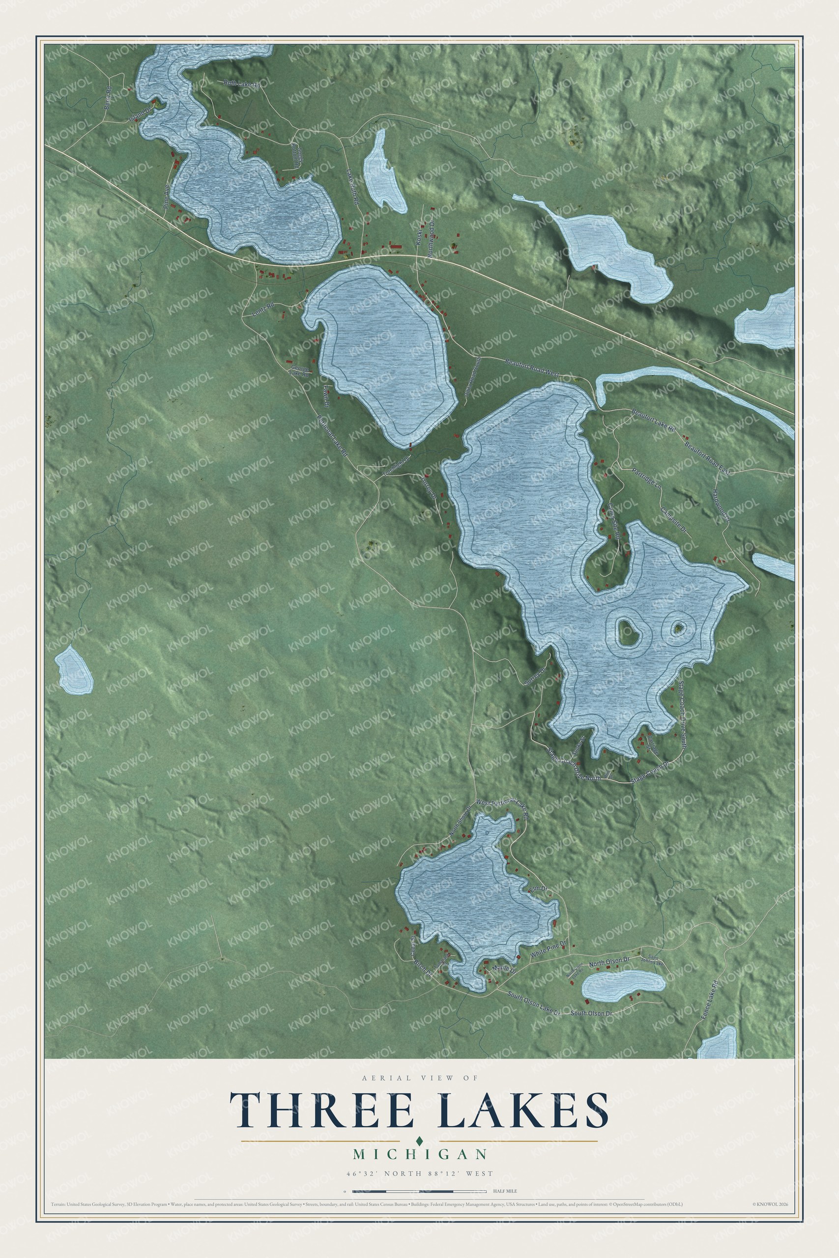 Watermarked full-map preview of Three Lakes, Michigan