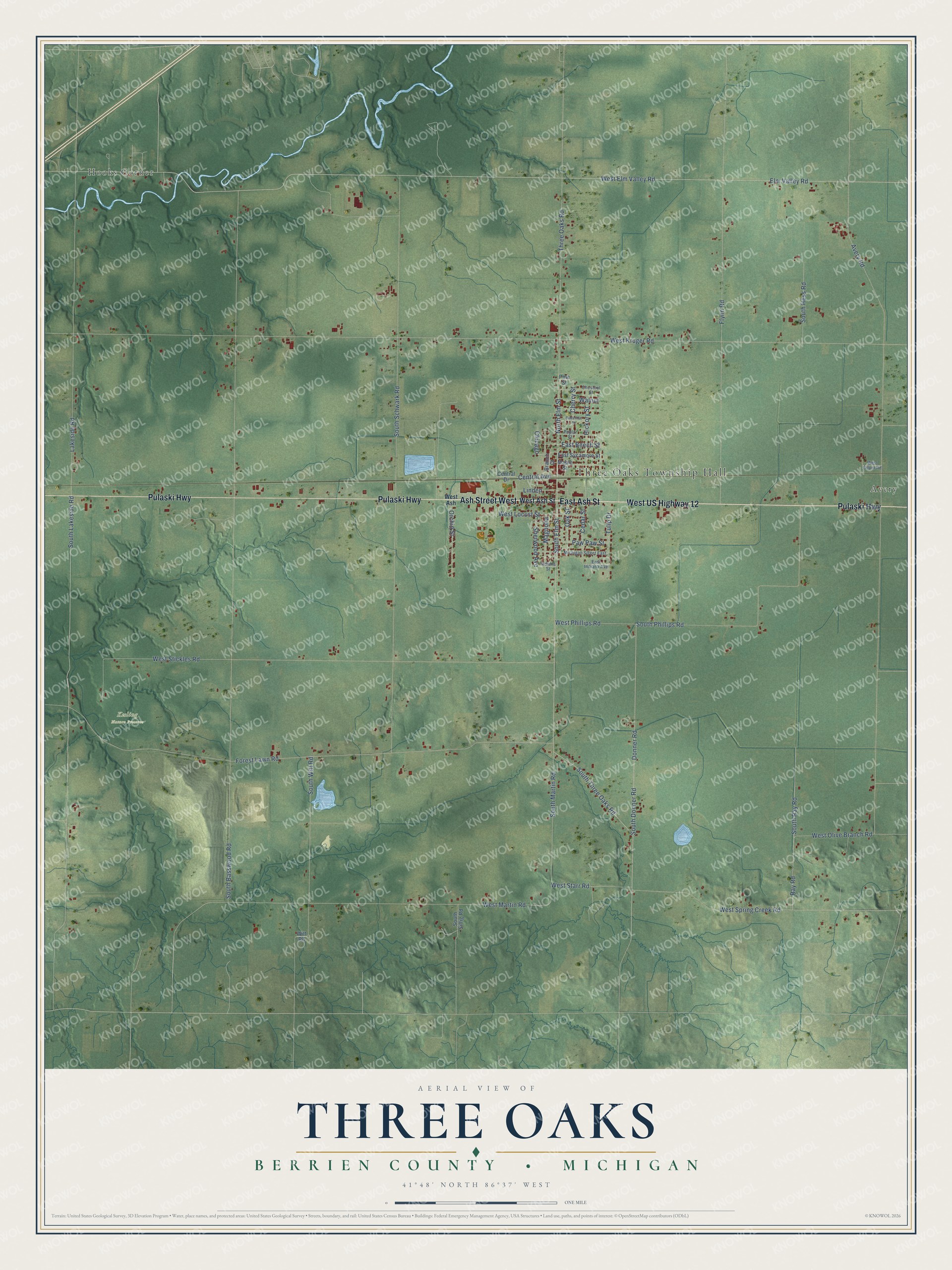 Full map of Three Oaks, Michigan, with red buildings, printed street names and the land around them