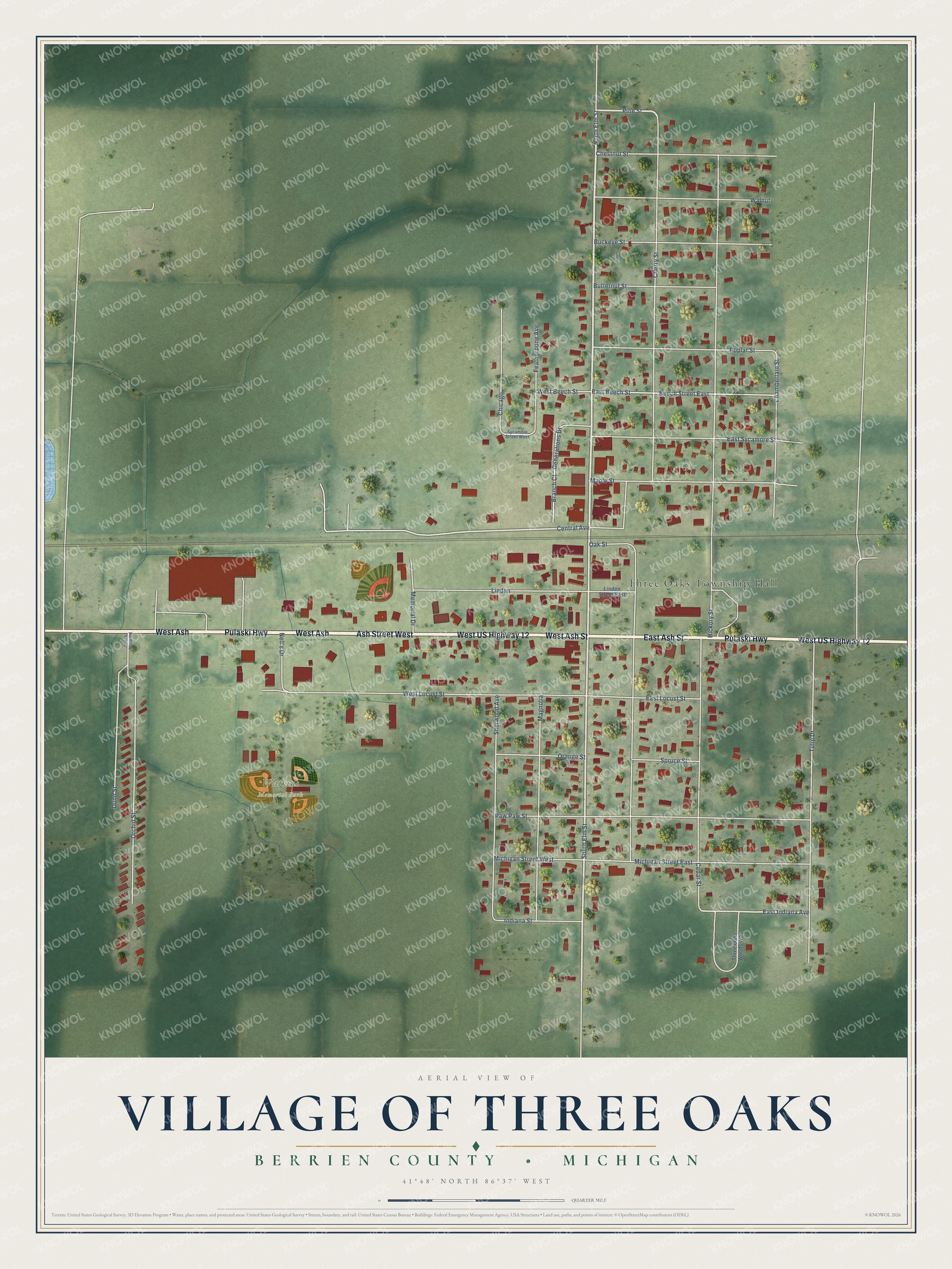 Full map of Three Oaks, Michigan, with red buildings, printed street names and the land around them