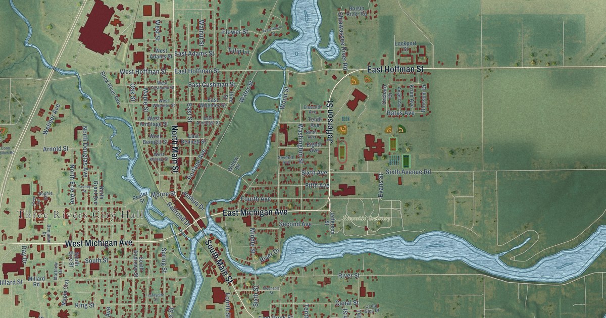 Map of Three Rivers, Michigan in 2026