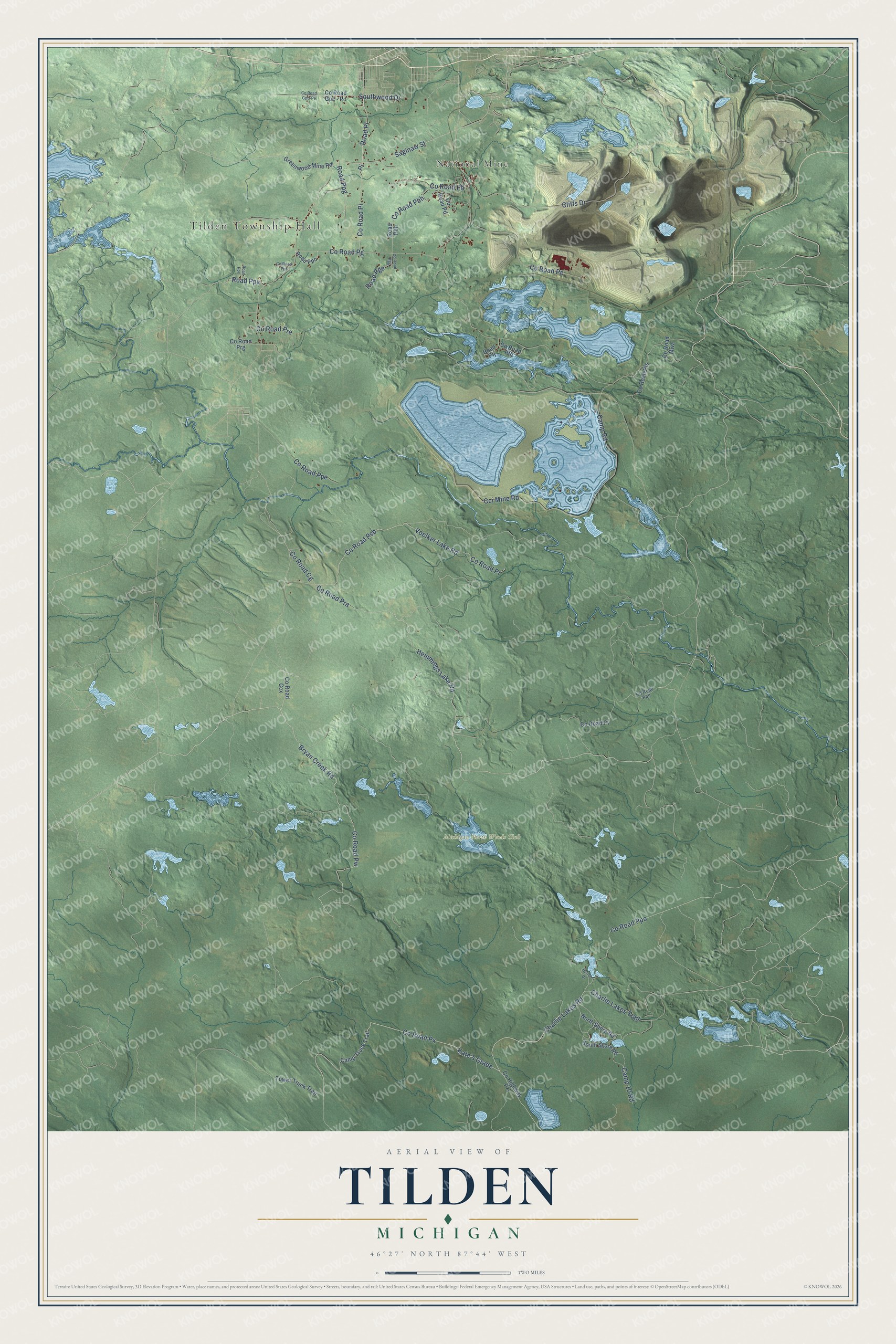 Full map of Tilden, Michigan, with red buildings, printed street names and the land around them
