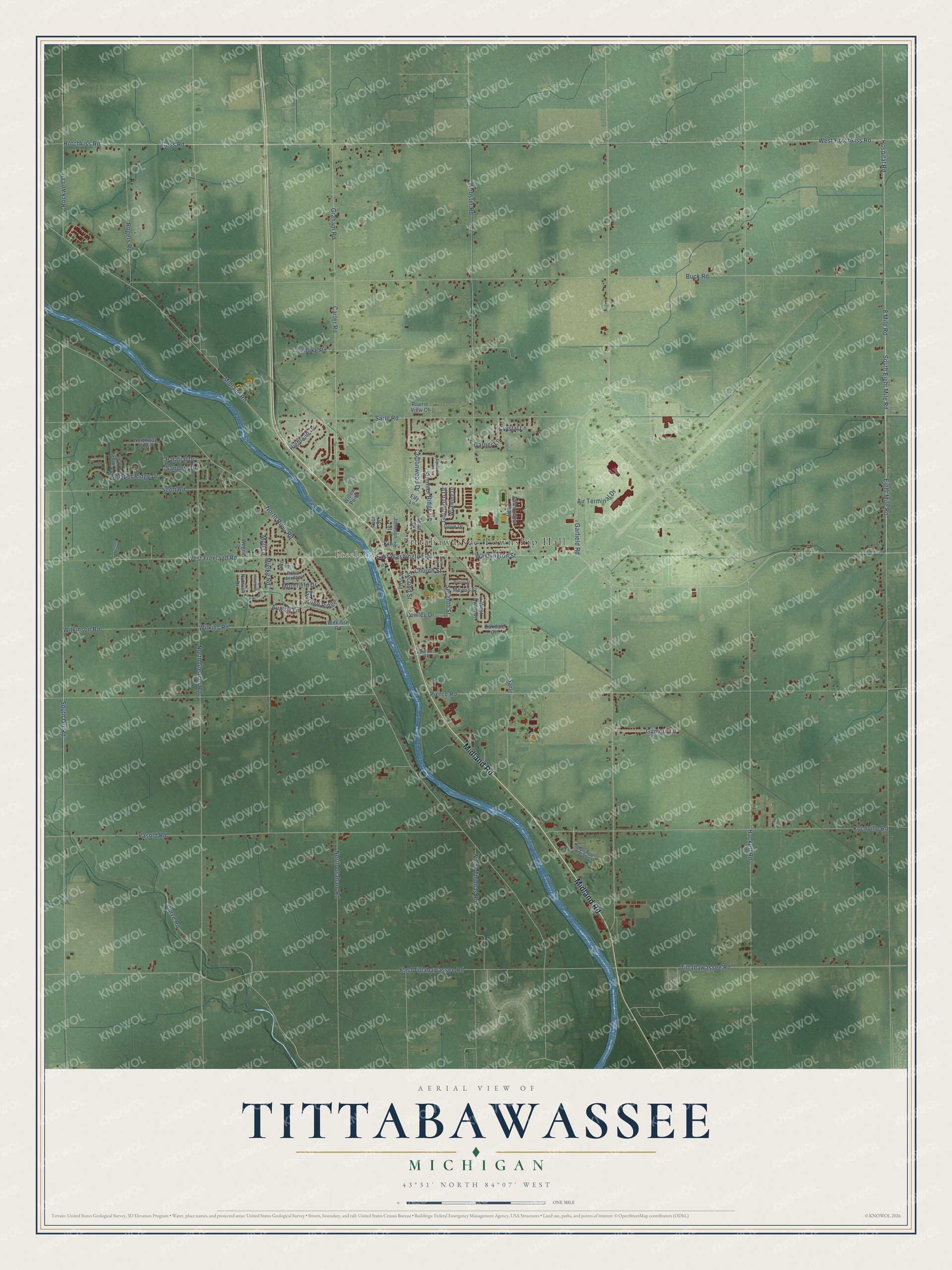 Full map of Tittabawassee, Michigan, with red buildings, printed street names and the land around them