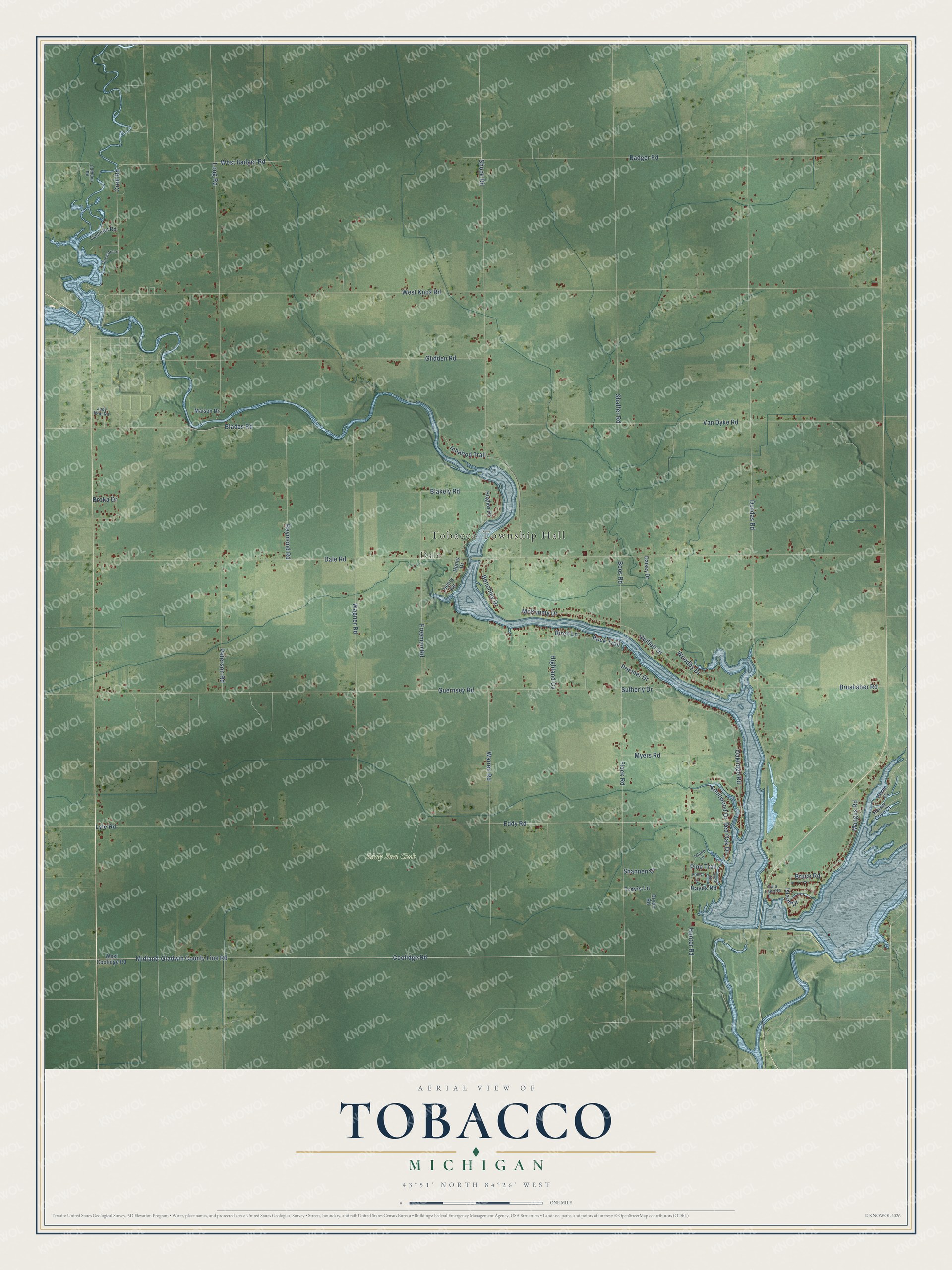 Full map of Tobacco, Michigan, with red buildings, printed street names and the land around them