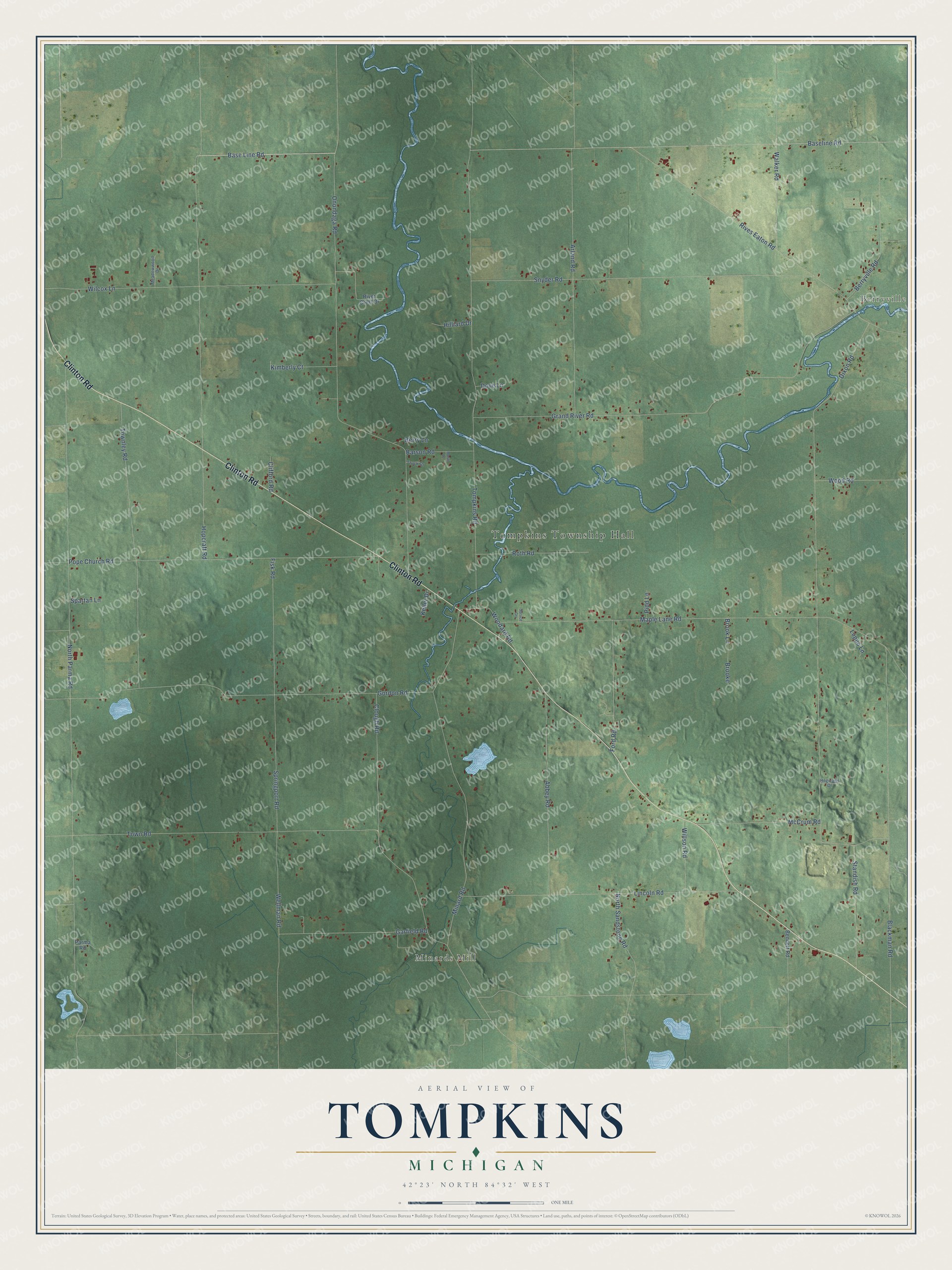 Full map of Tompkins, Michigan, with red buildings, printed street names and the land around them