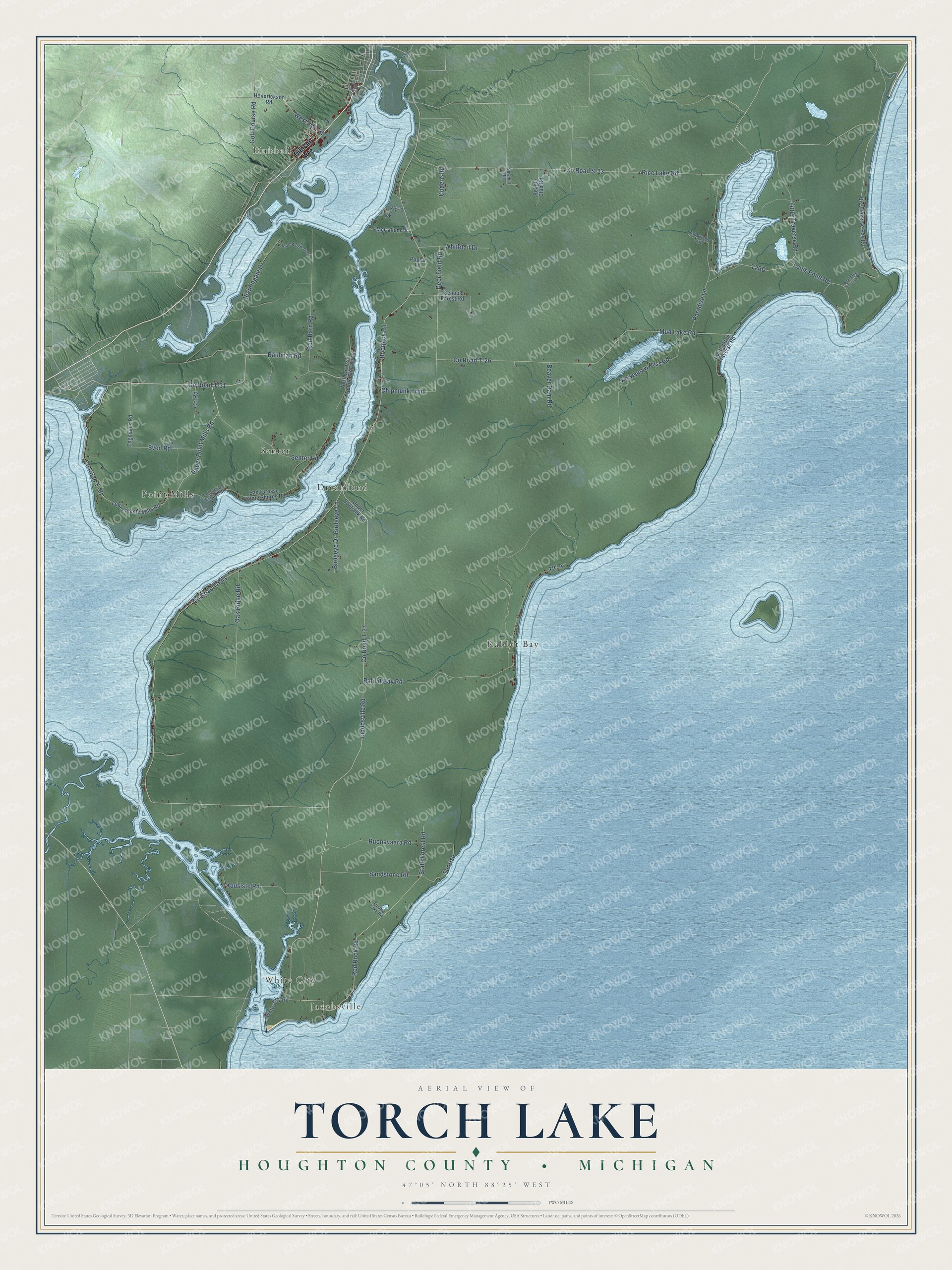 Full map of Torch Lake, Michigan, with red buildings, printed street names and the land around them