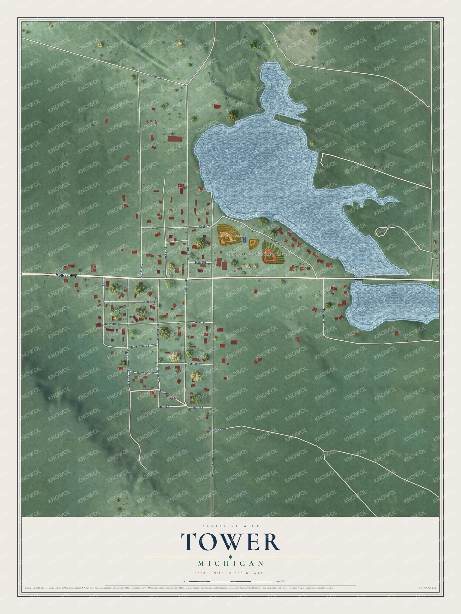 Full map of Tower, Michigan, with red buildings, printed street names and the land around them