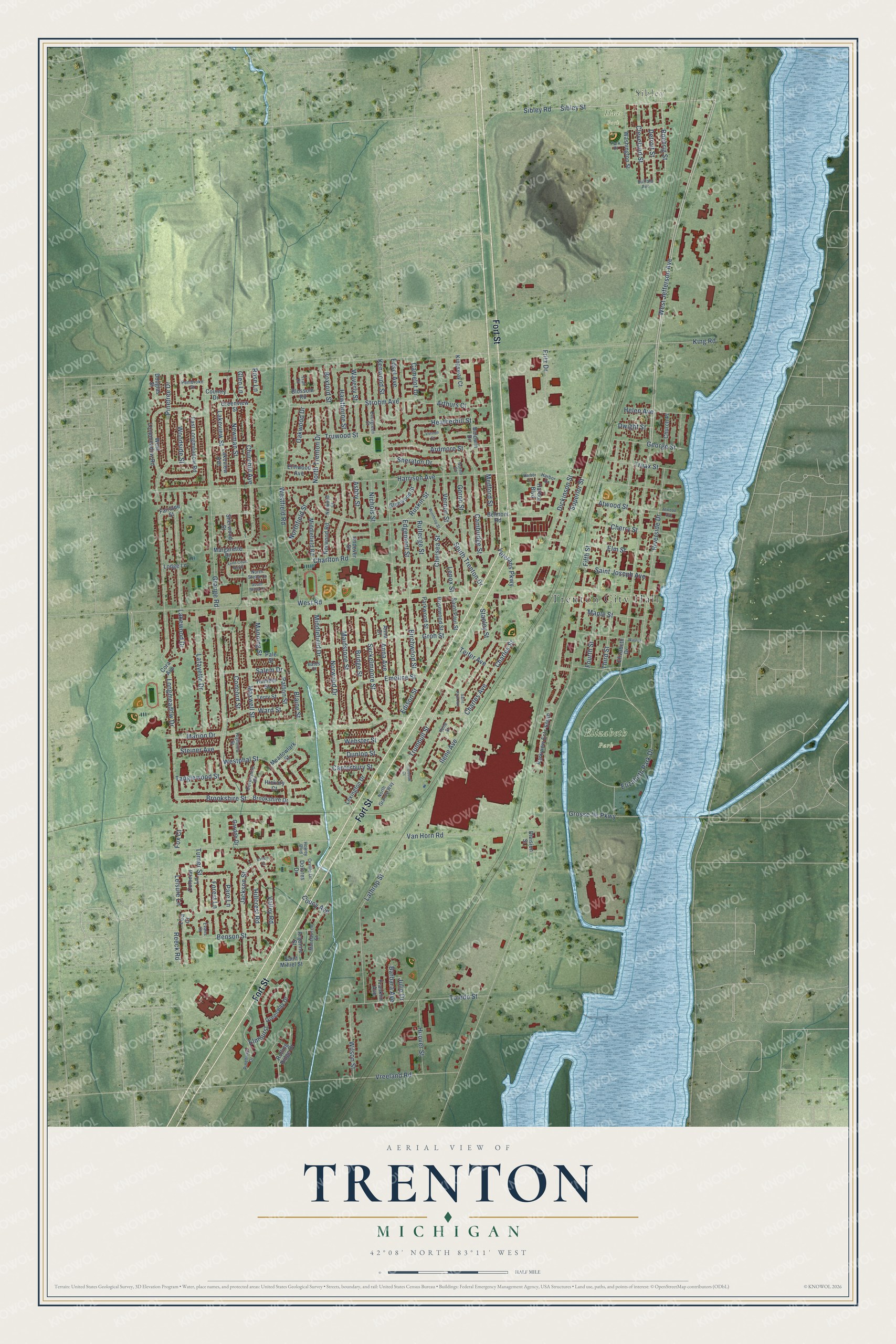 Full map of Trenton, Michigan, with red buildings, printed street names and the land around them