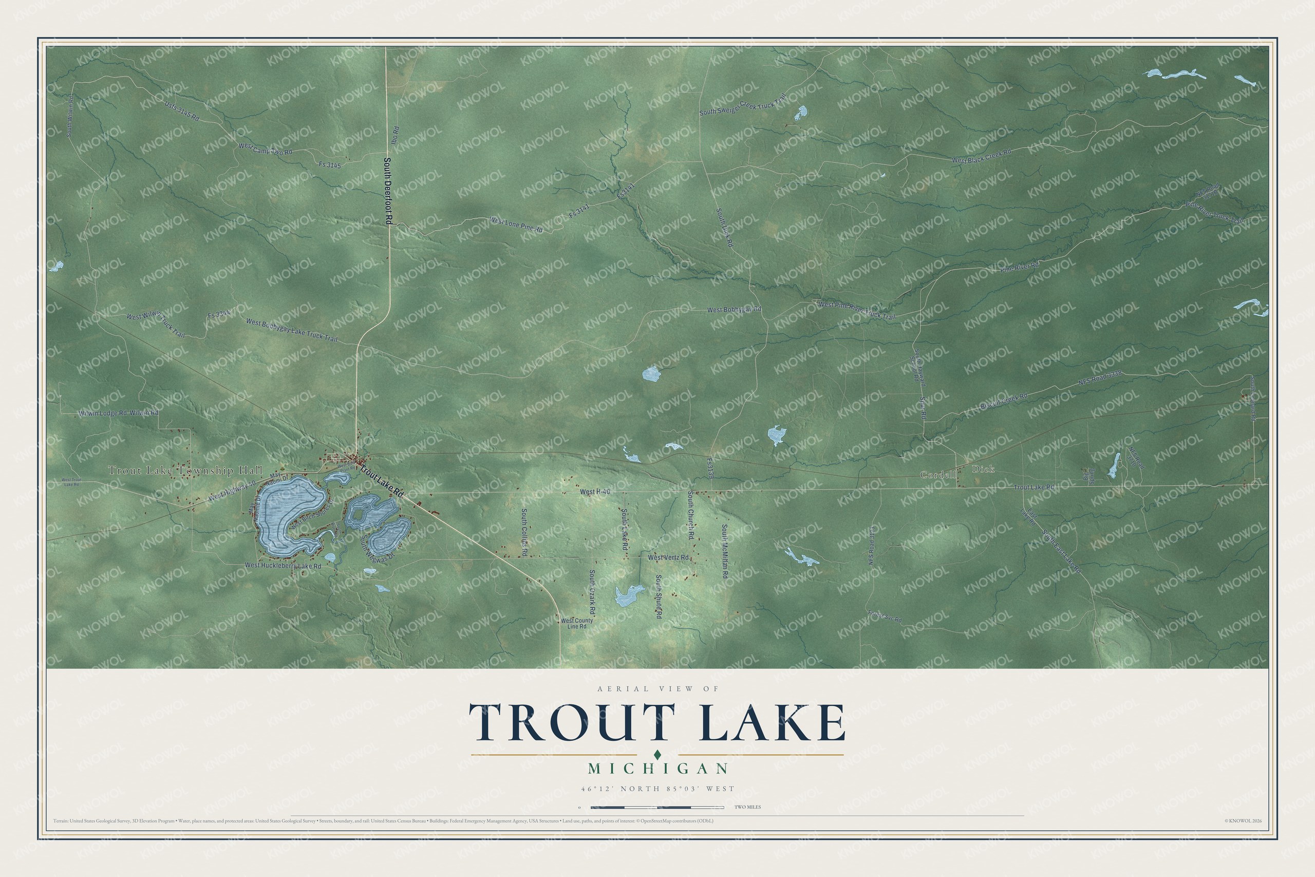 Full map of Trout Lake, Michigan, with red buildings, printed street names and the land around them