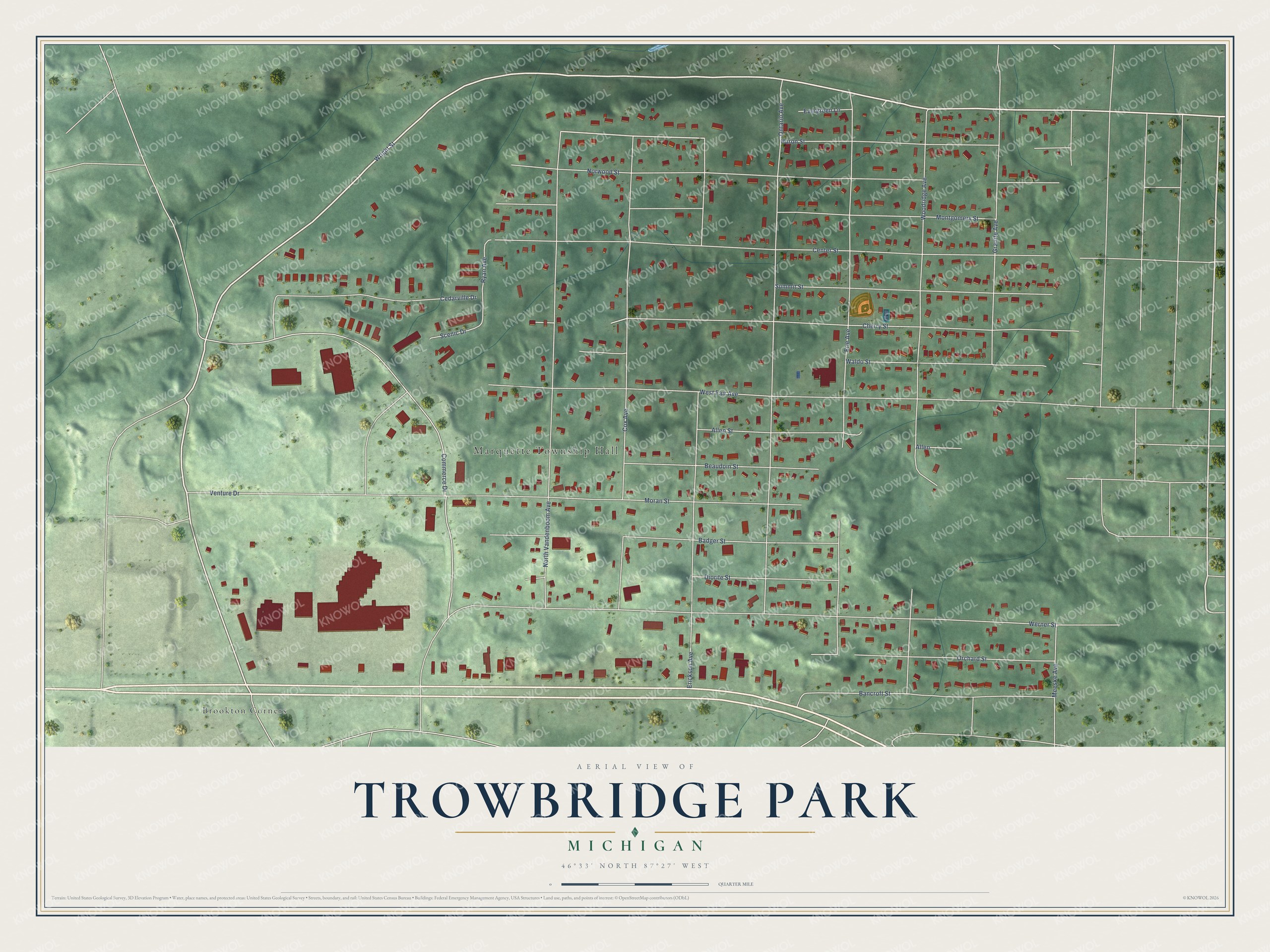 Full map of Trowbridge Park, Michigan, with red buildings, printed street names and the land around them