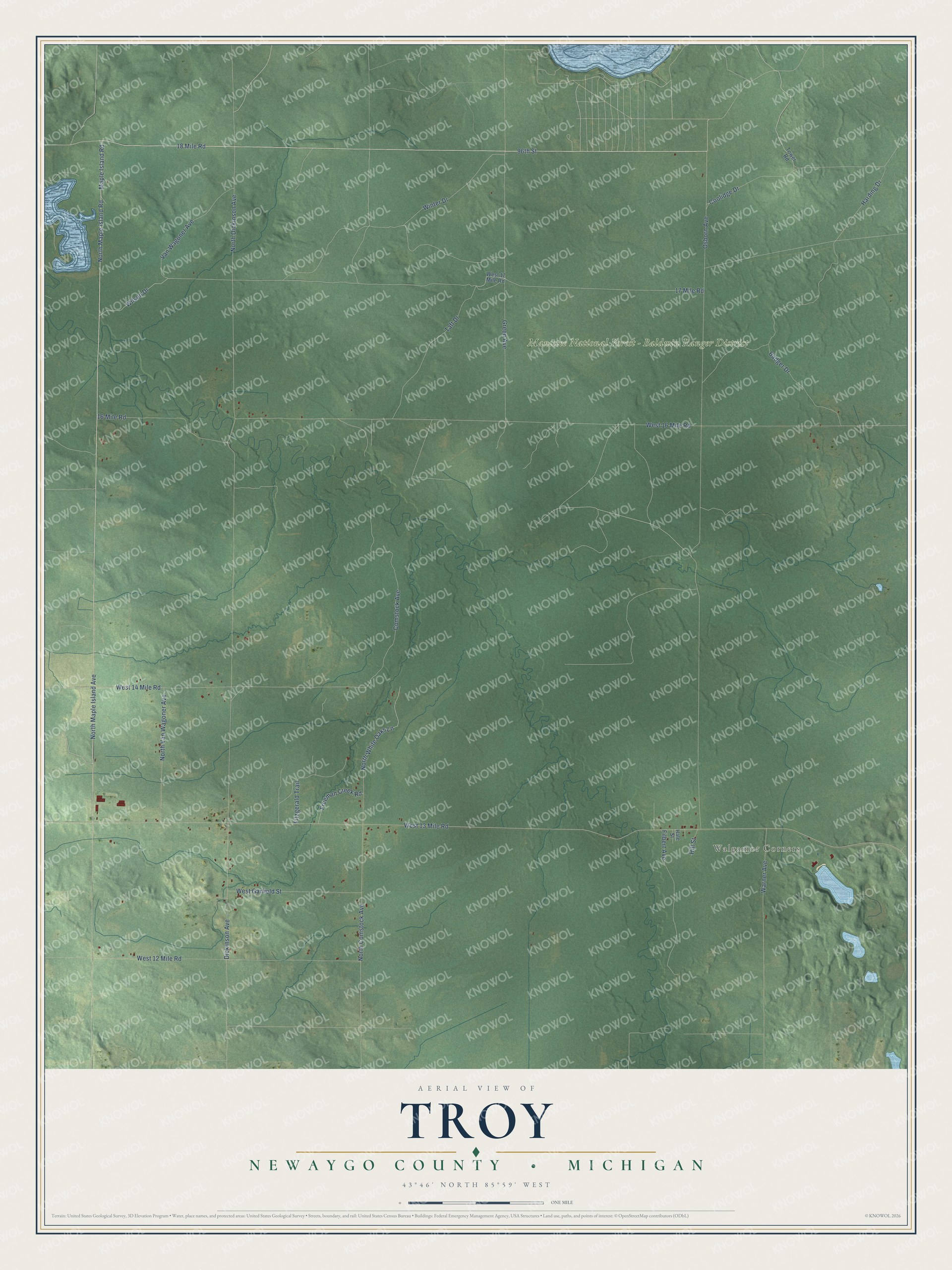 Full map of Troy, Michigan, with red buildings, printed street names and the land around them