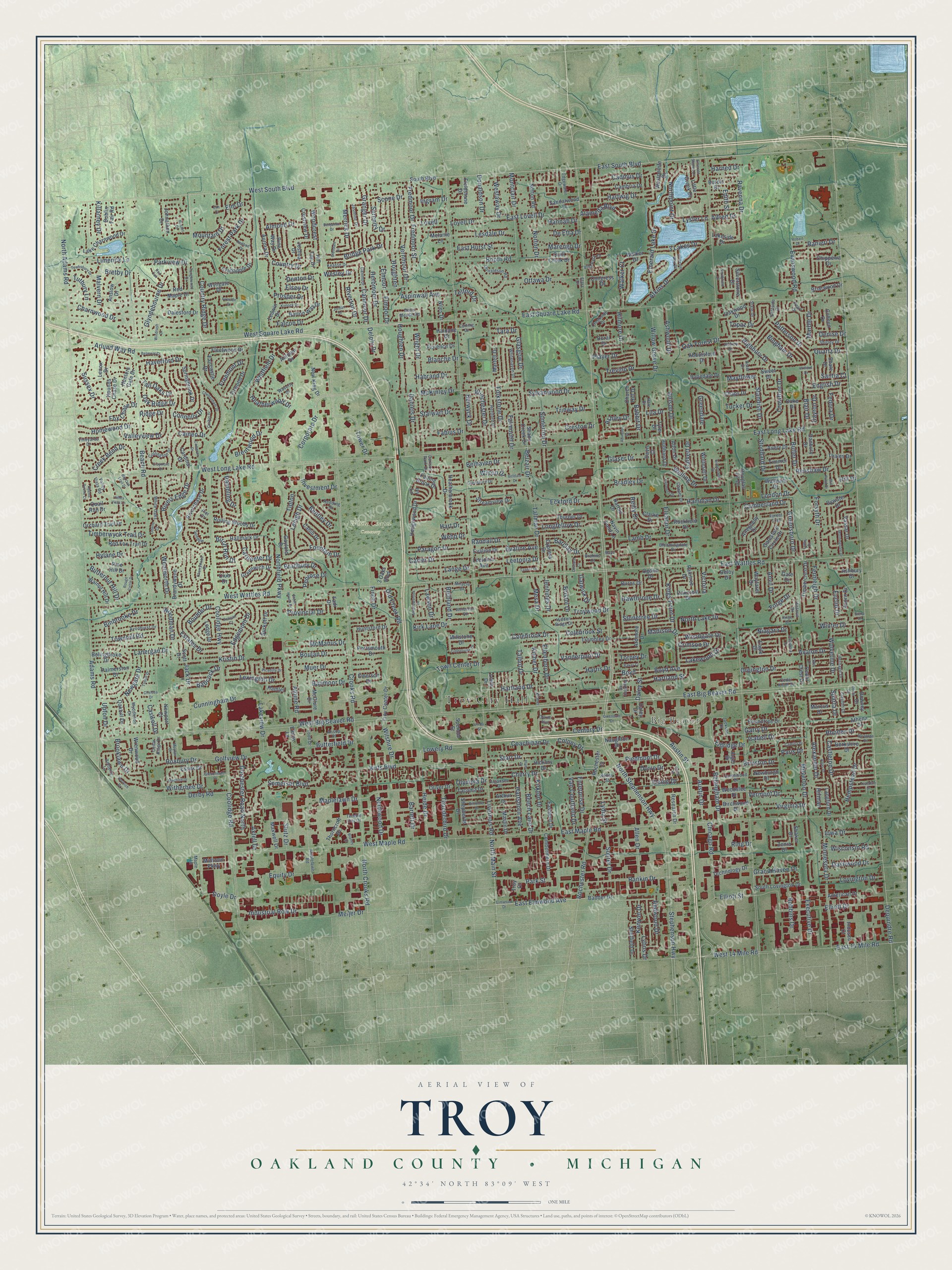 Full map of Troy, Michigan, with red buildings, printed street names and the land around them