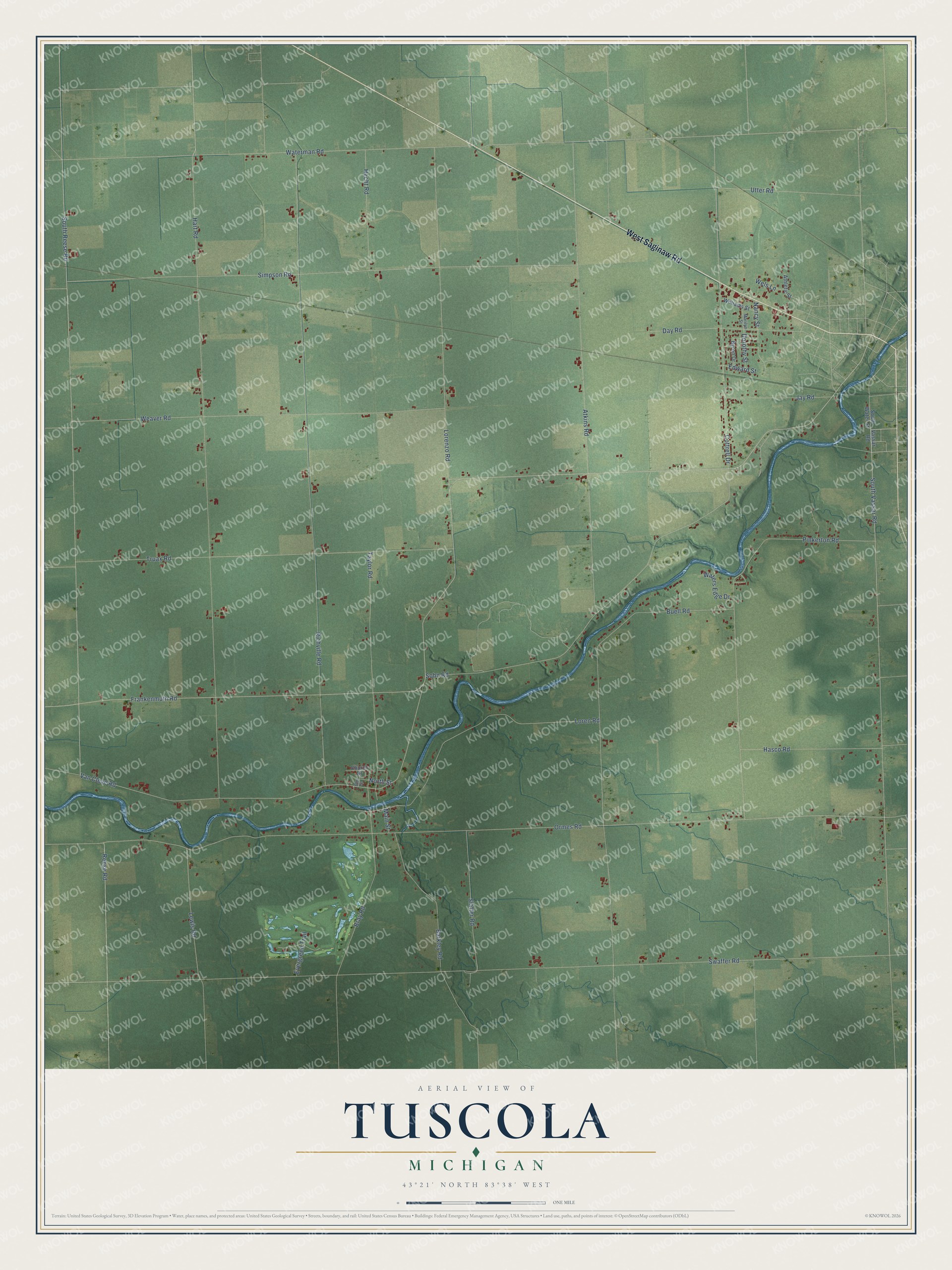 Full map of Tuscola, Michigan, with red buildings, printed street names and the land around them