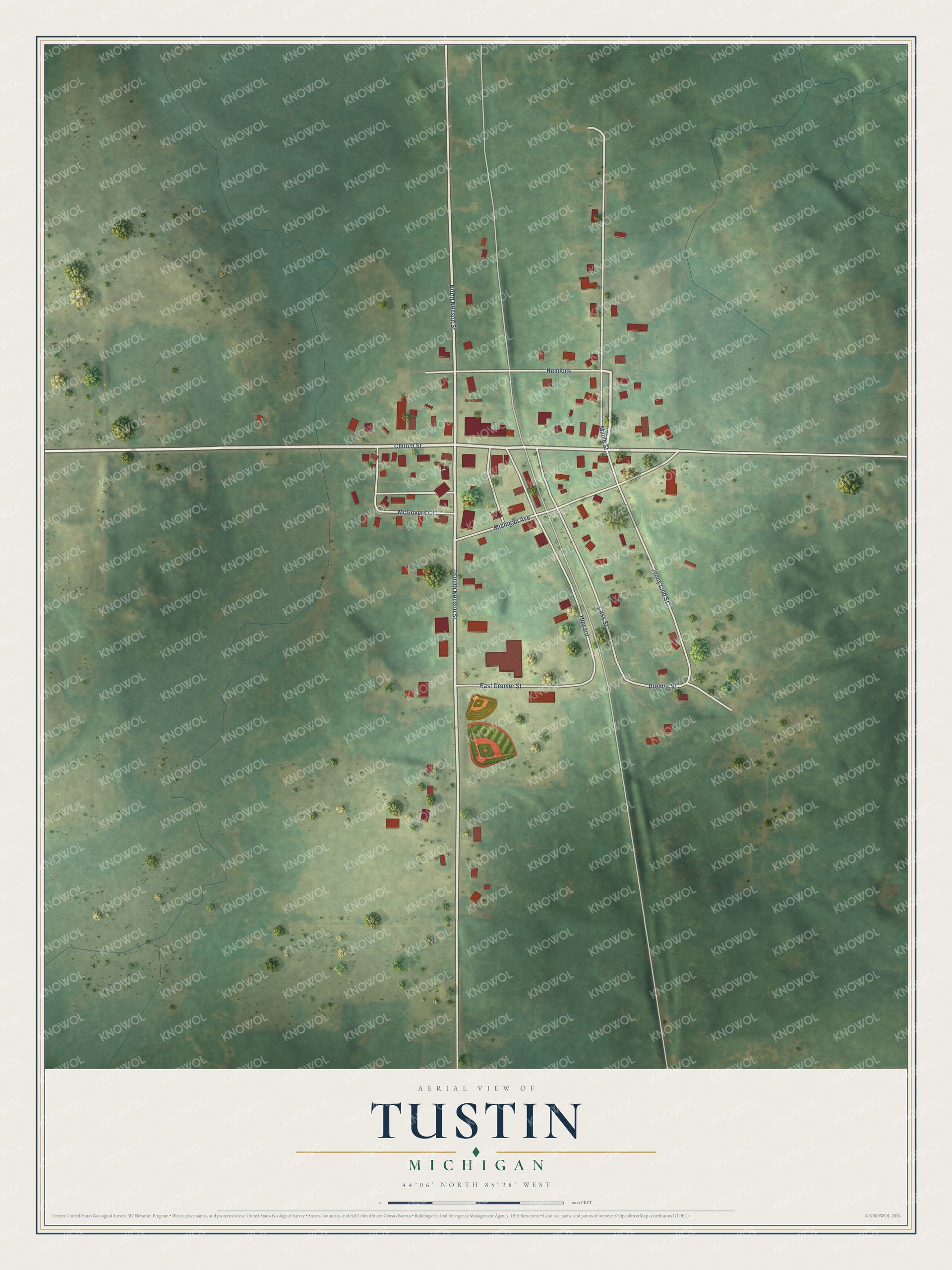 Full map of Tustin, Michigan, with red buildings, printed street names and the land around them