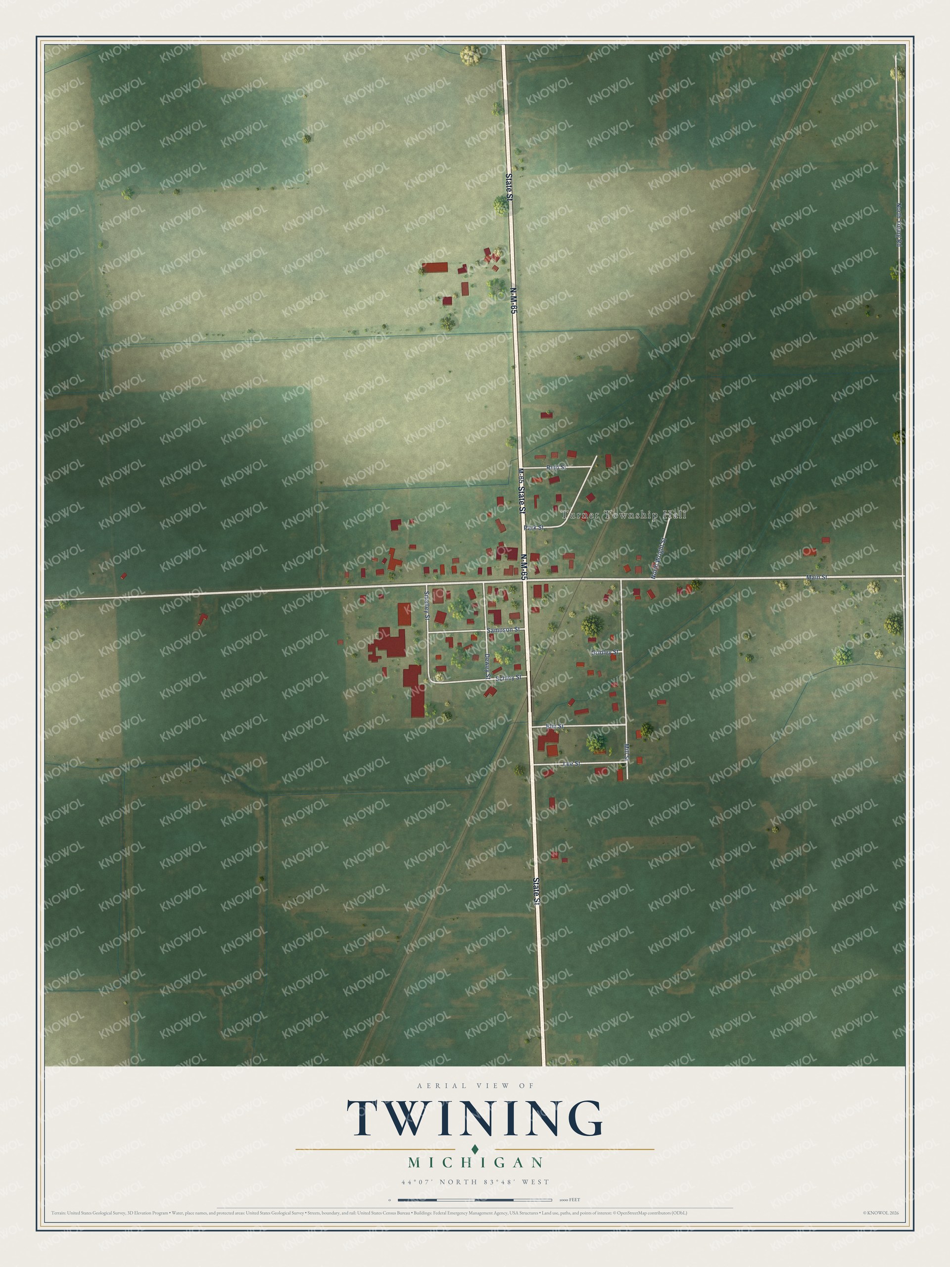 Full map of Twining, Michigan, with red buildings, printed street names and the land around them