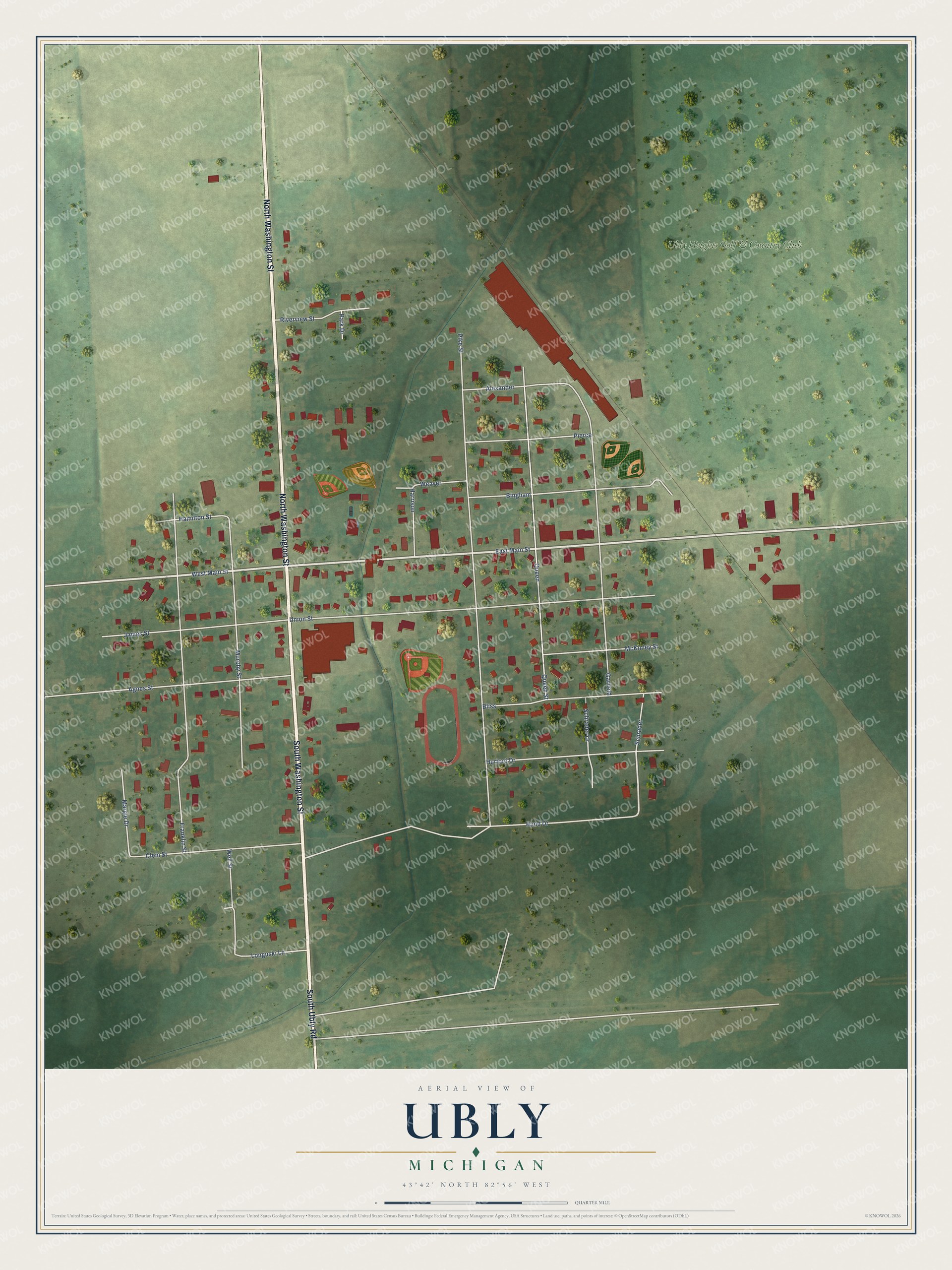Full map of Ubly, Michigan, with red buildings, printed street names and the land around them