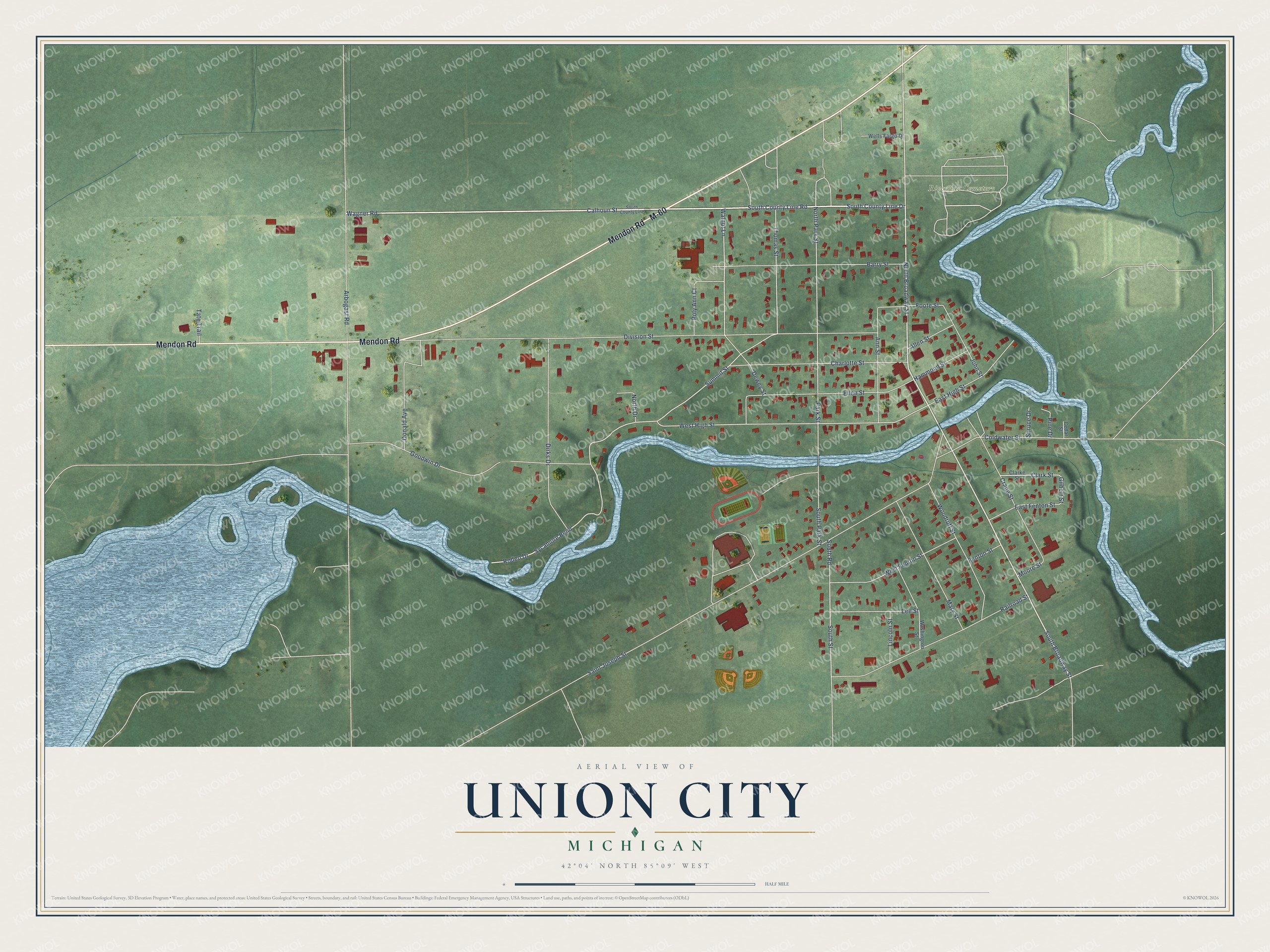 Full map of Union City, Michigan, with red buildings, printed street names and the land around them