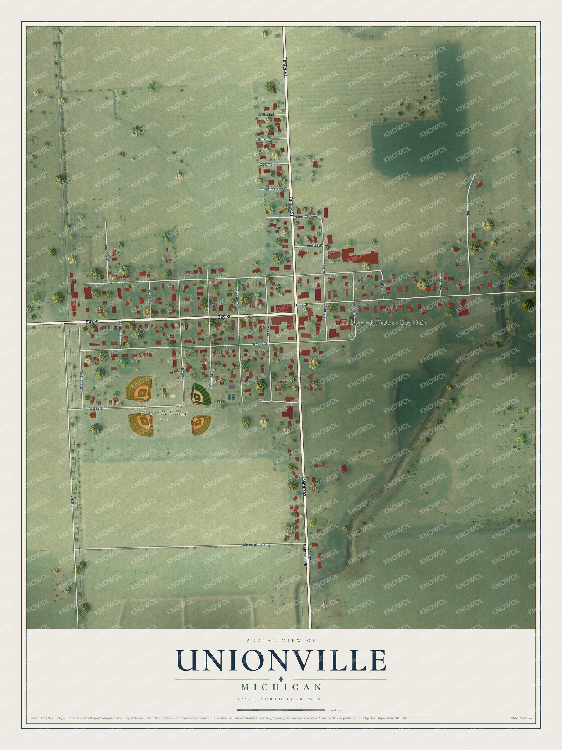 Full map of Unionville, Michigan, with red buildings, printed street names and the land around them