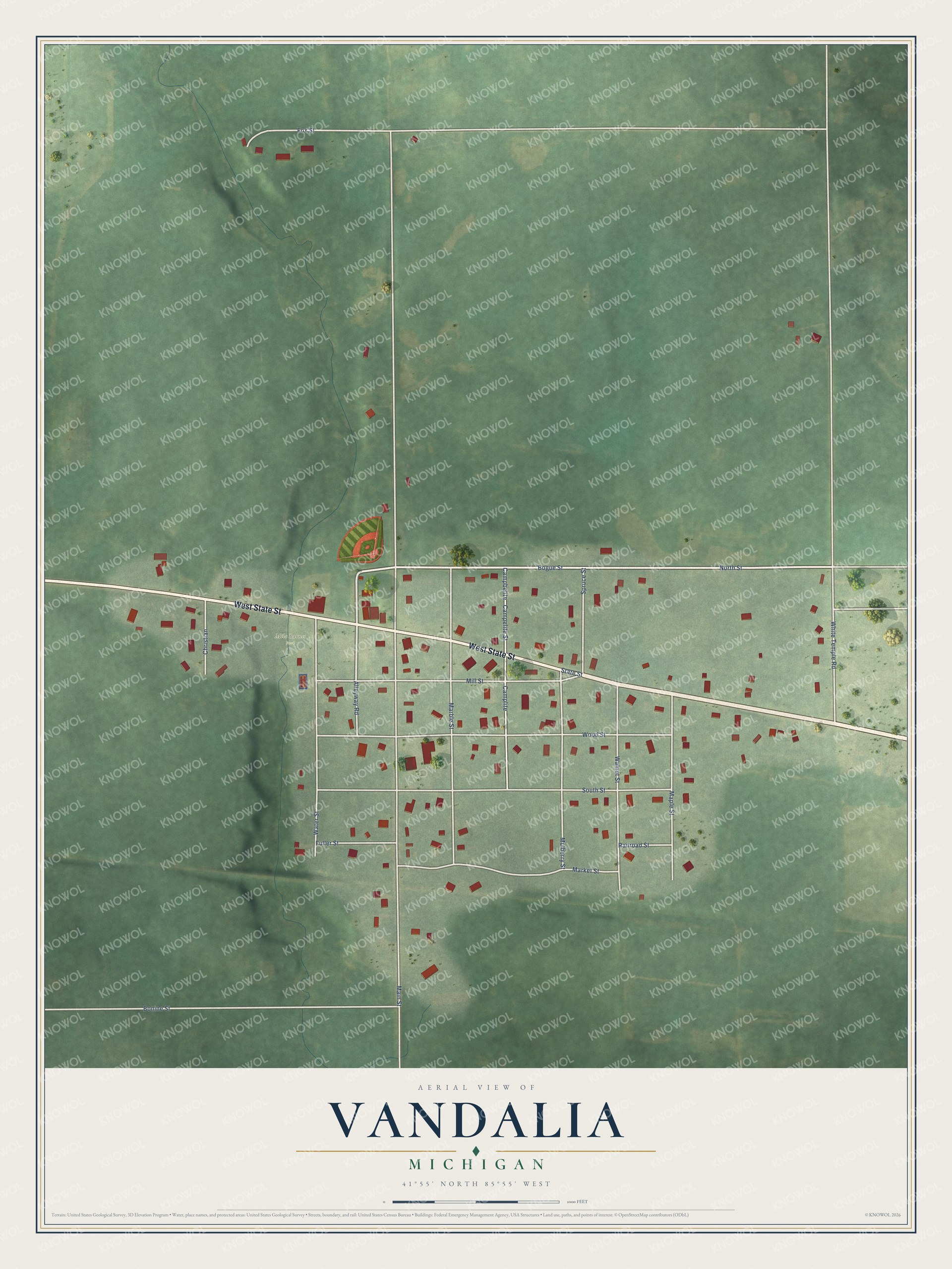 Full map of Vandalia, Michigan, with red buildings, printed street names and the land around them