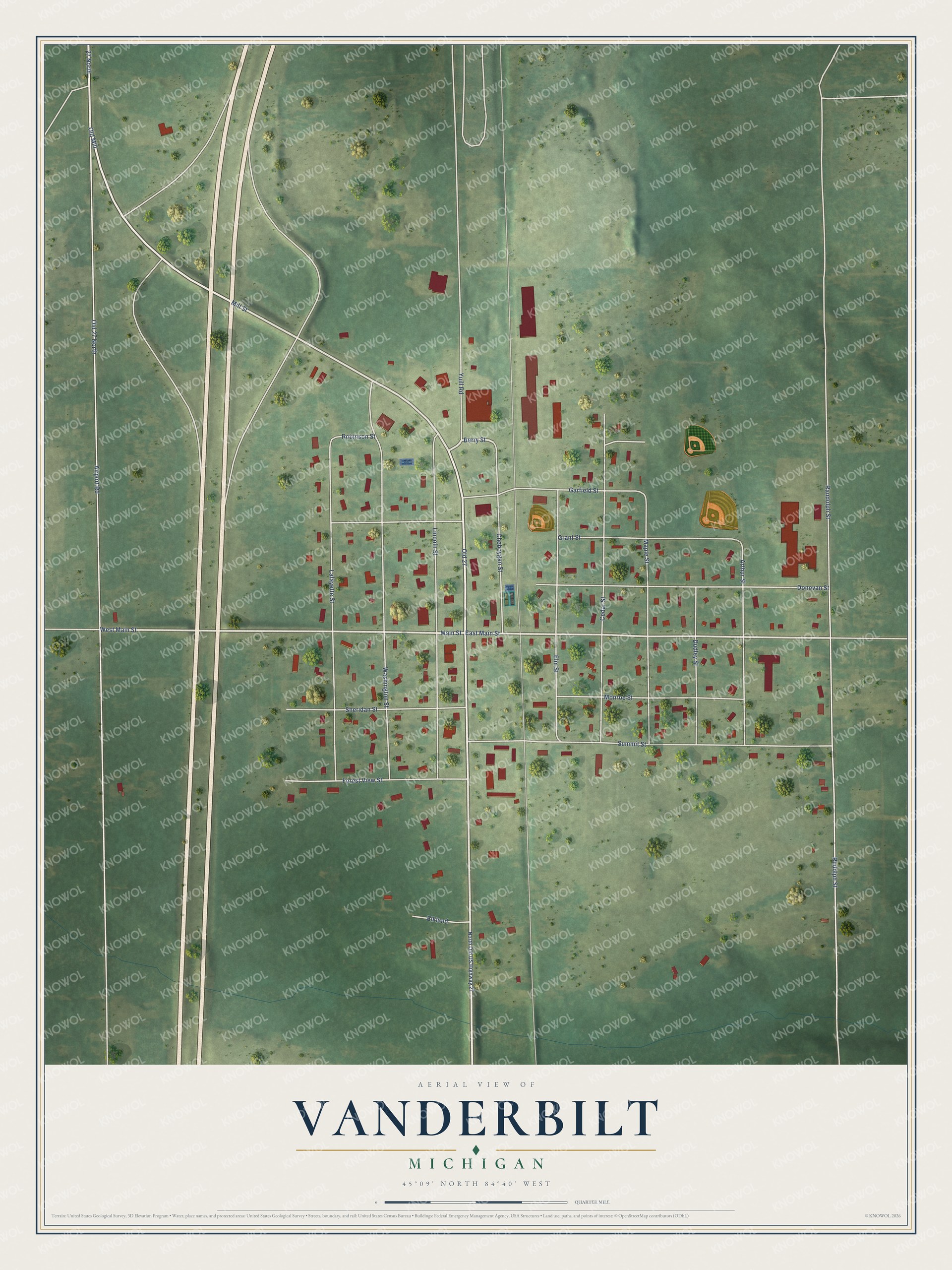 Full map of Vanderbilt, Michigan, with red buildings, printed street names and the land around them