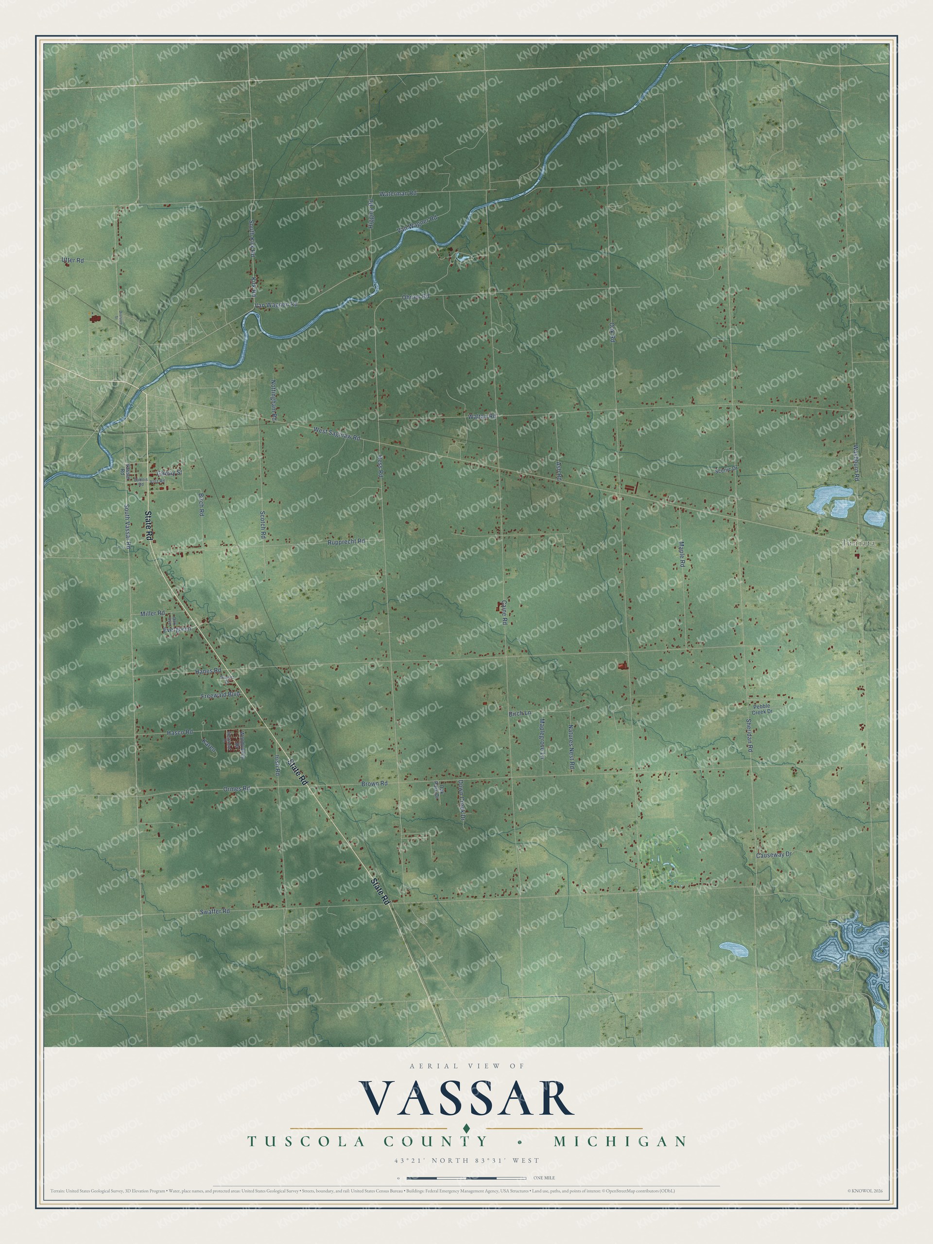 Full map of Vassar, Michigan, with red buildings, printed street names and the land around them