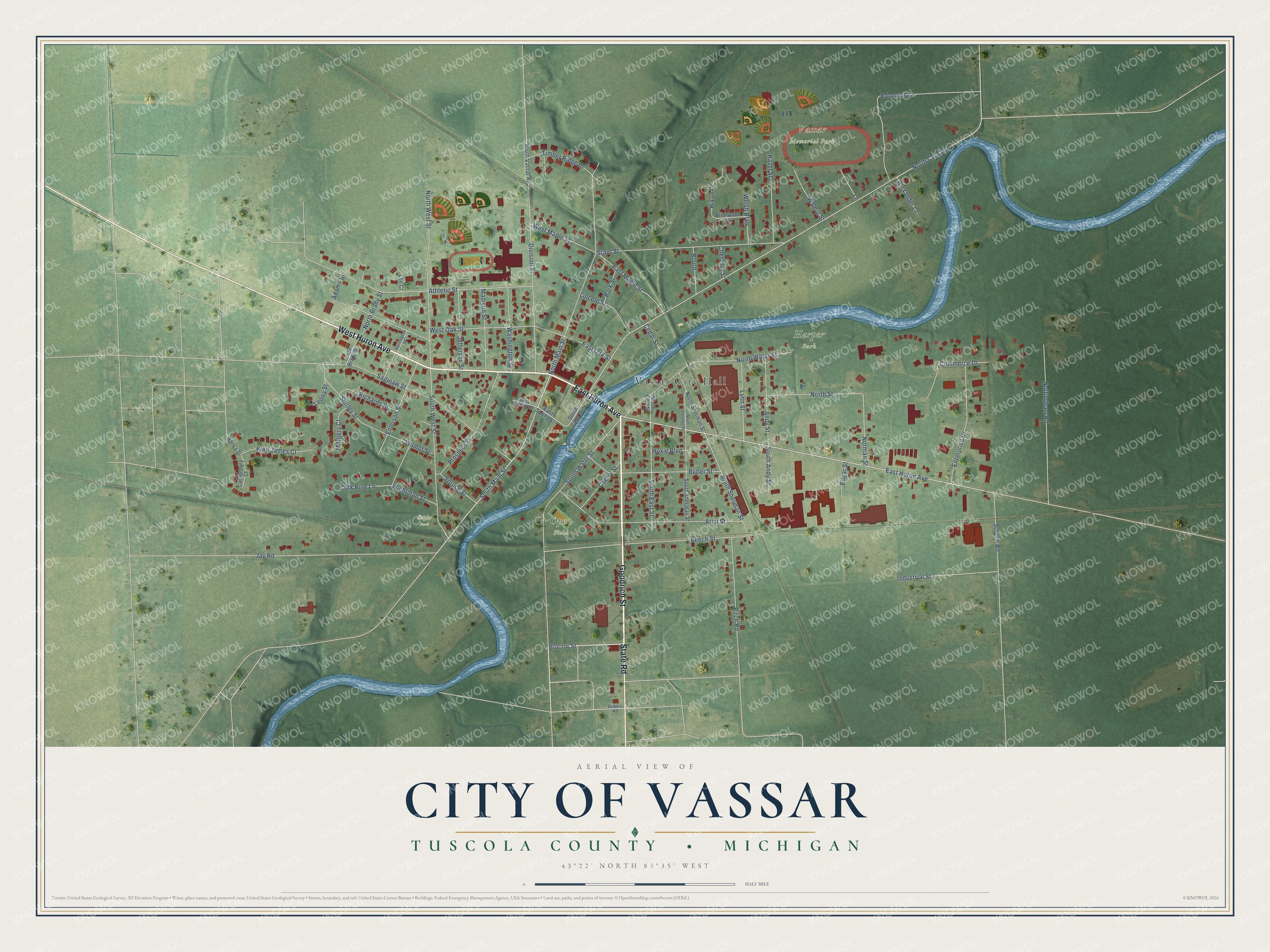 Full map of Vassar, Michigan, with red buildings, printed street names and the land around them