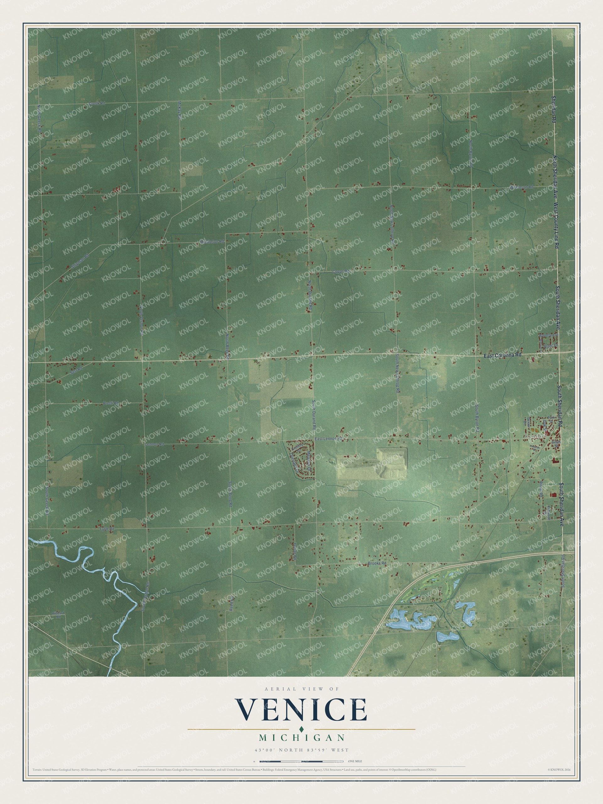 Full map of Venice, Michigan, with red buildings, printed street names and the land around them