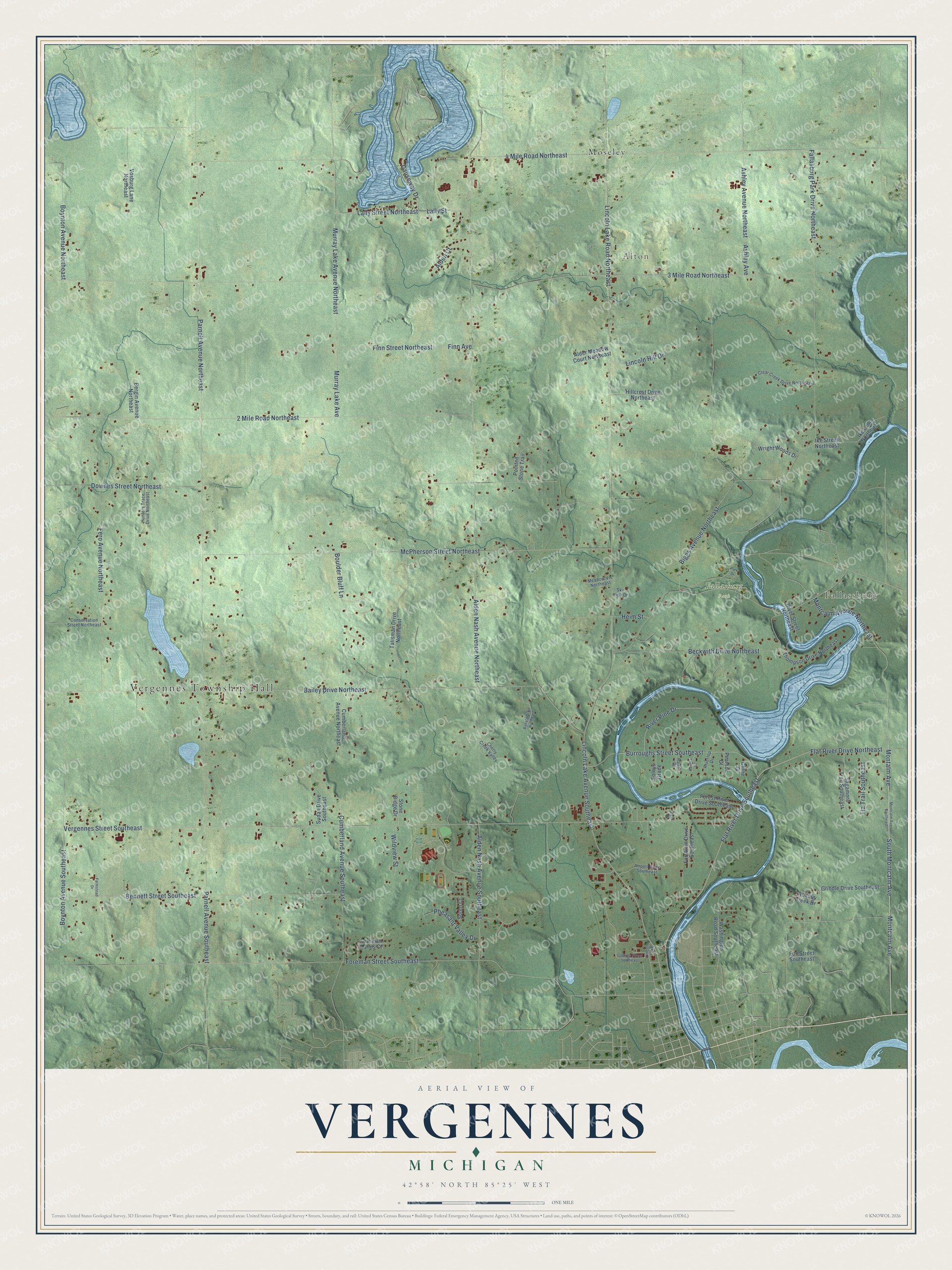 Full map of Vergennes, Michigan, with red buildings, printed street names and the land around them