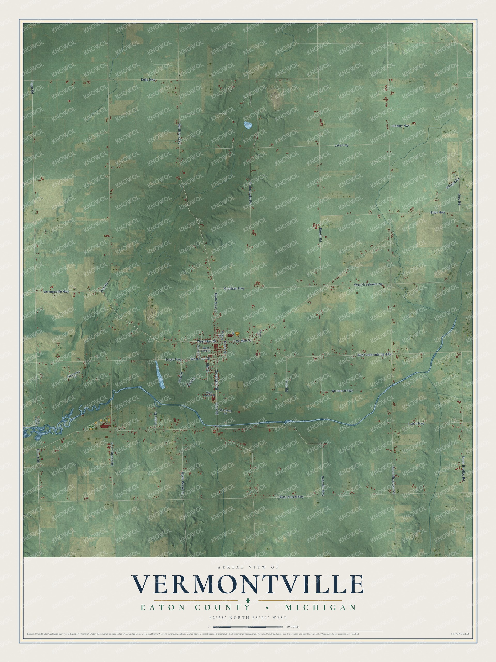 Full map of Vermontville, Michigan, with red buildings, printed street names and the land around them