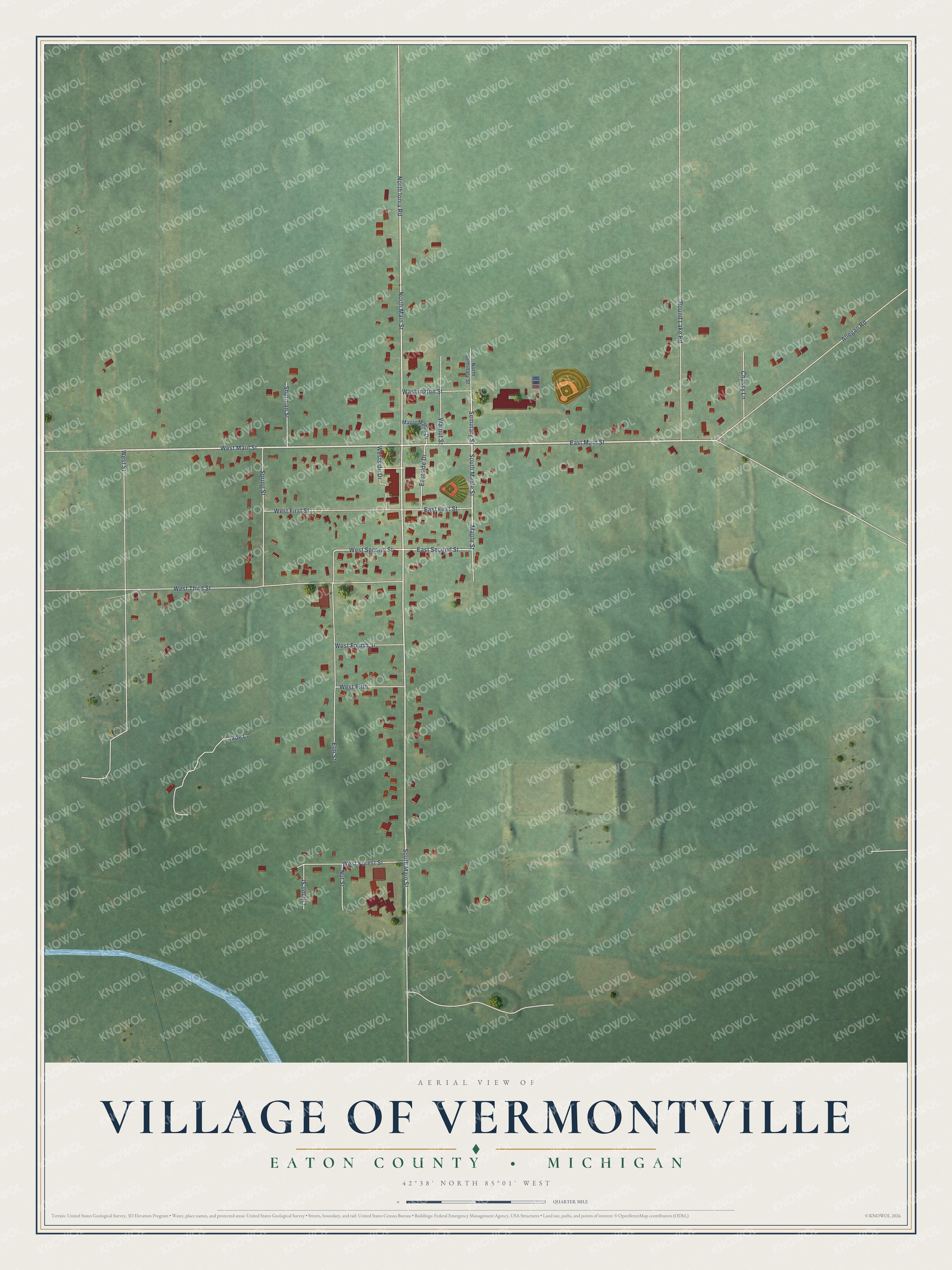 Full map of Vermontville, Michigan, with red buildings, printed street names and the land around them