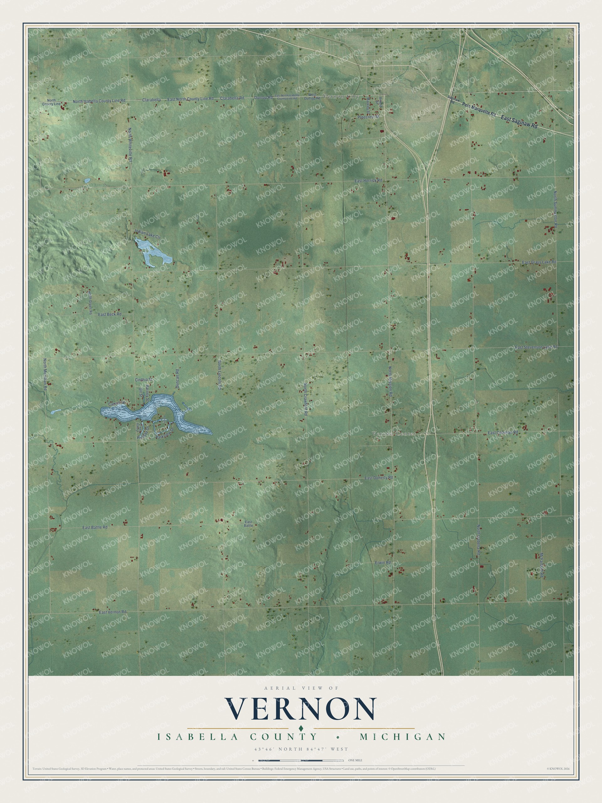 Full map of Vernon, Michigan, with red buildings, printed street names and the land around them
