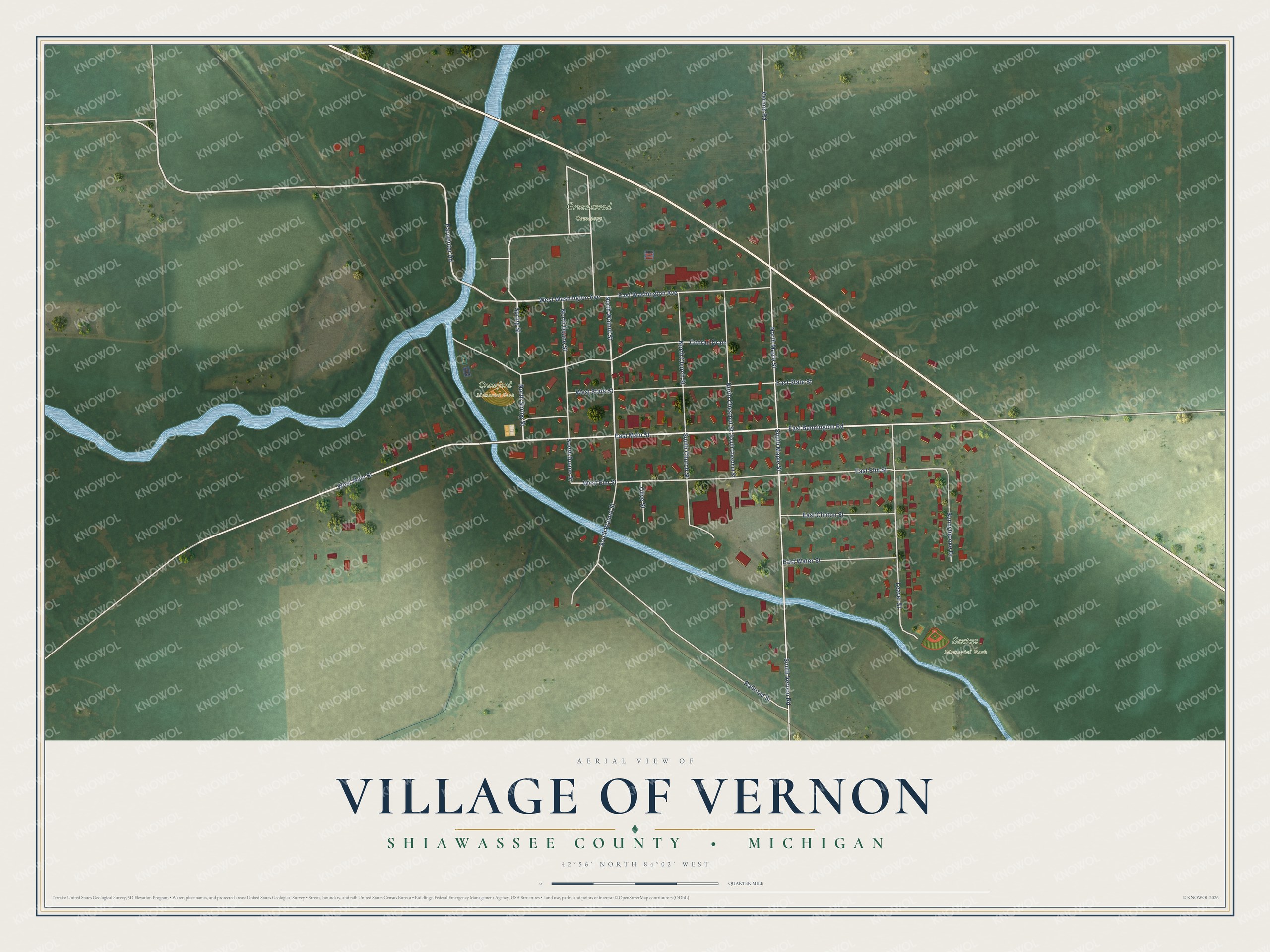 Full map of Vernon, Michigan, with red buildings, printed street names and the land around them