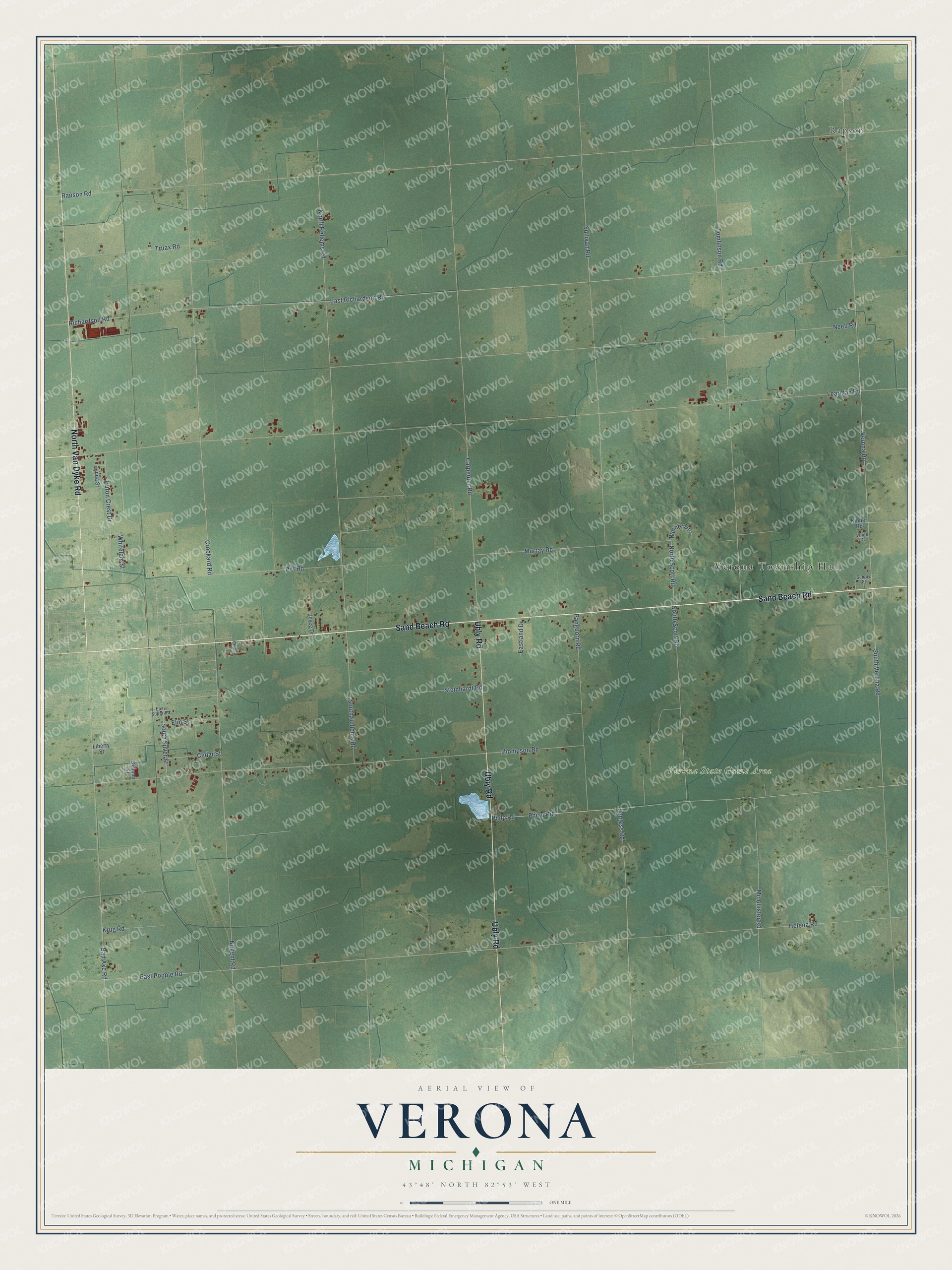 Full map of Verona, Michigan, with red buildings, printed street names and the land around them