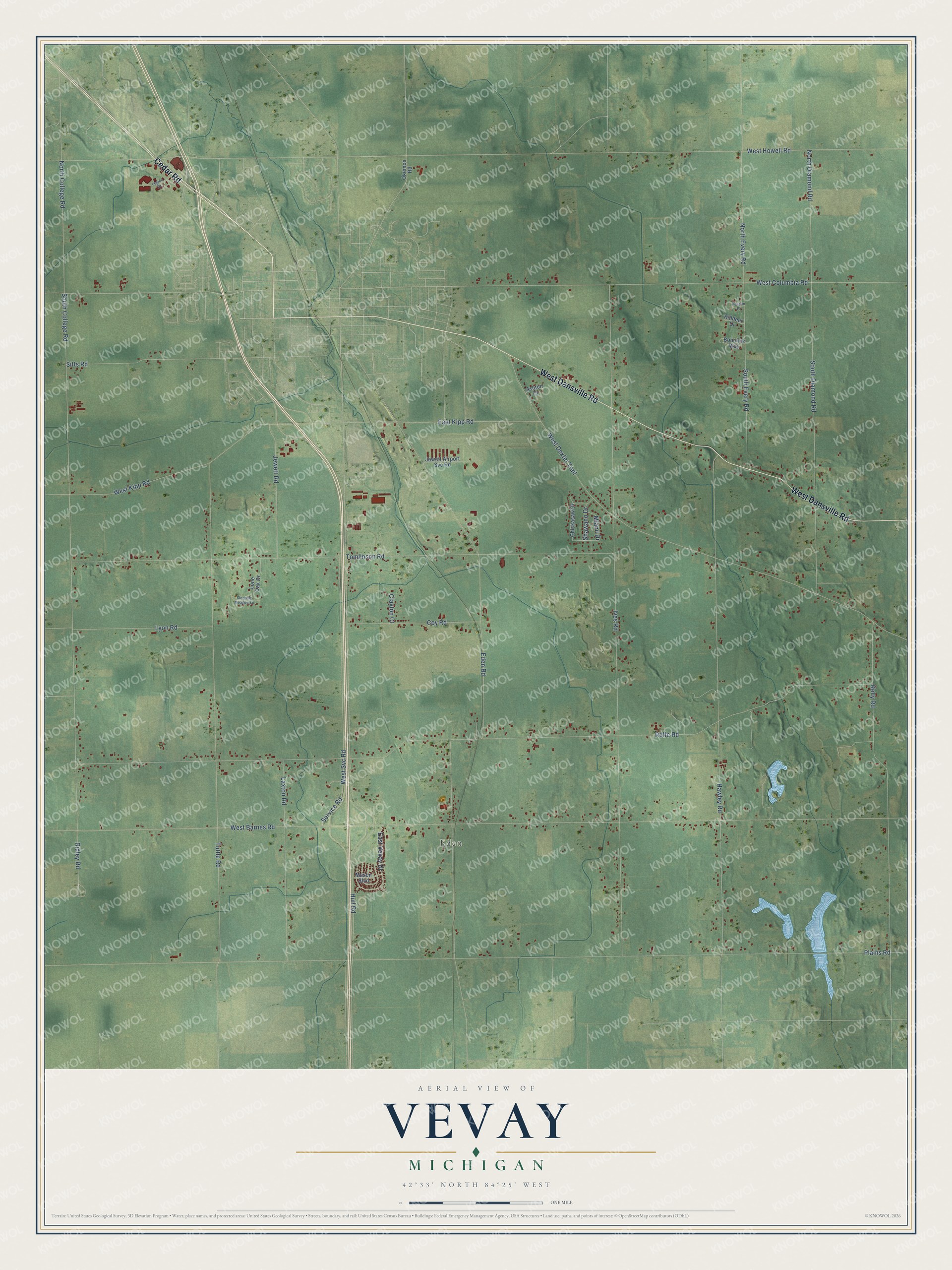 Full map of Vevay, Michigan, with red buildings, printed street names and the land around them