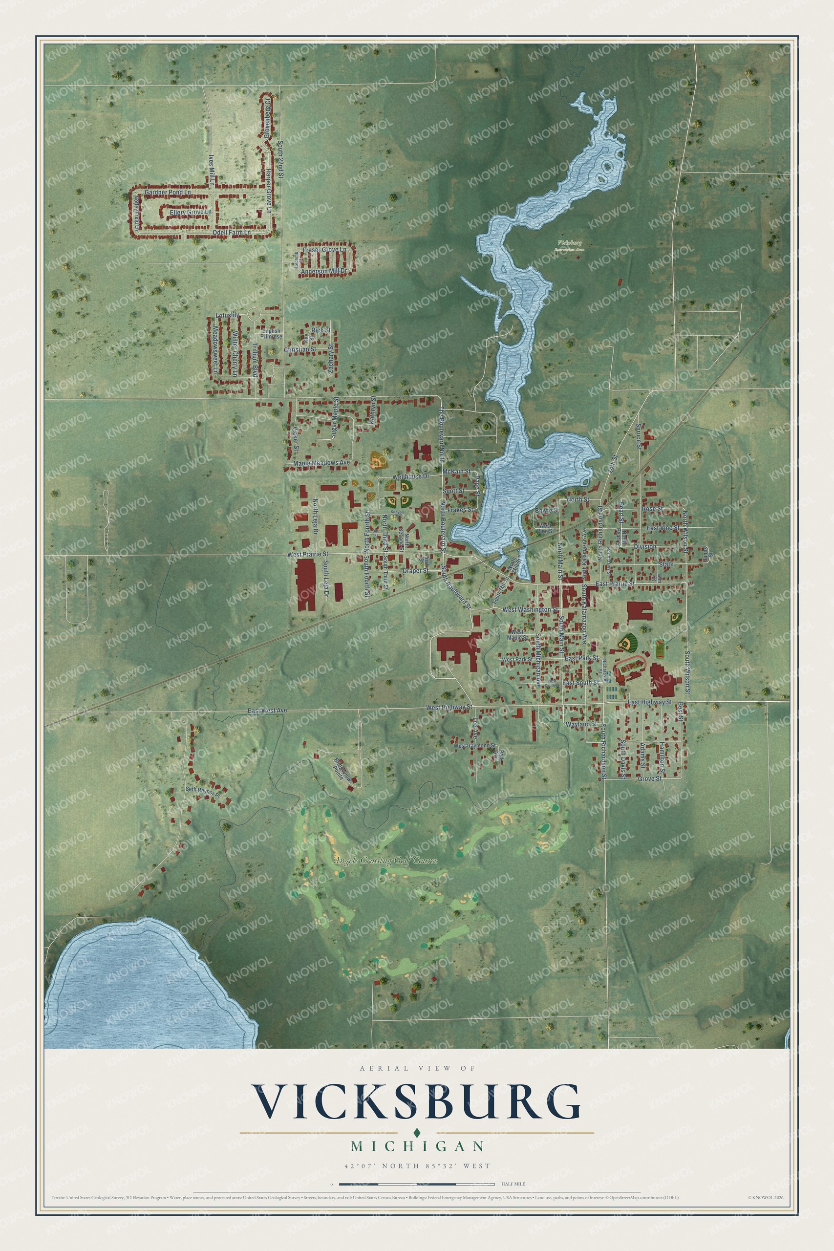 Full map of Vicksburg, Michigan, with red buildings, printed street names and the land around them