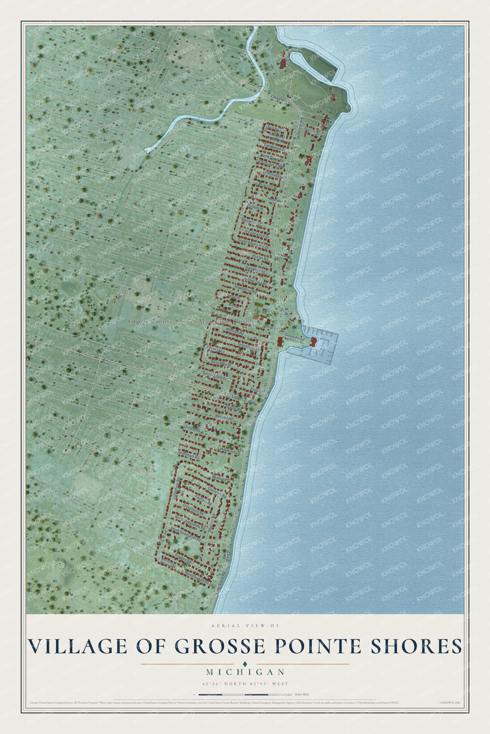 Full map of Village of Grosse Pointe Shores, Michigan, with red buildings, printed street names and the land around them