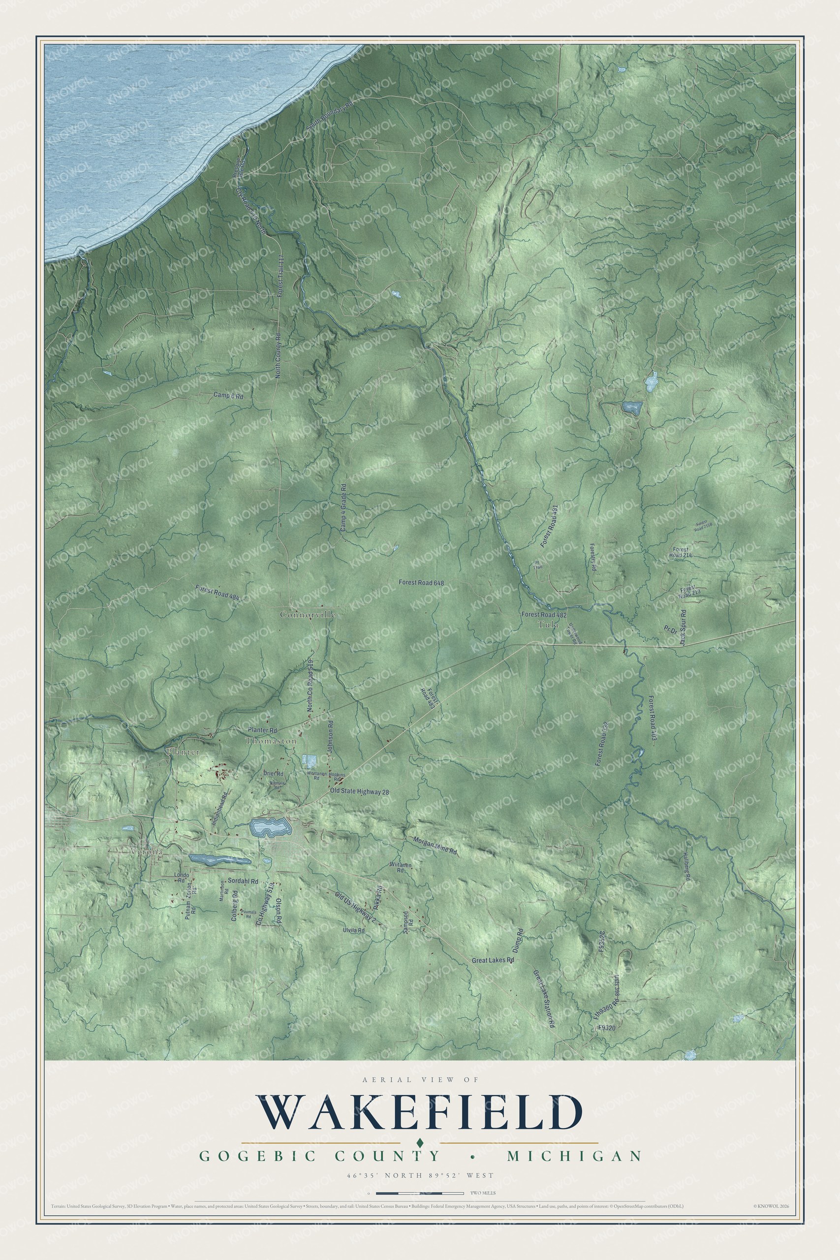 Full map of Wakefield, Michigan, with red buildings, printed street names and the land around them