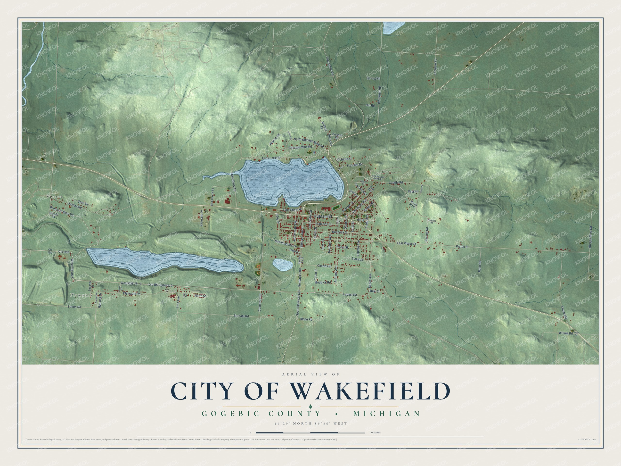 Full map of Wakefield, Michigan, with red buildings, printed street names and the land around them