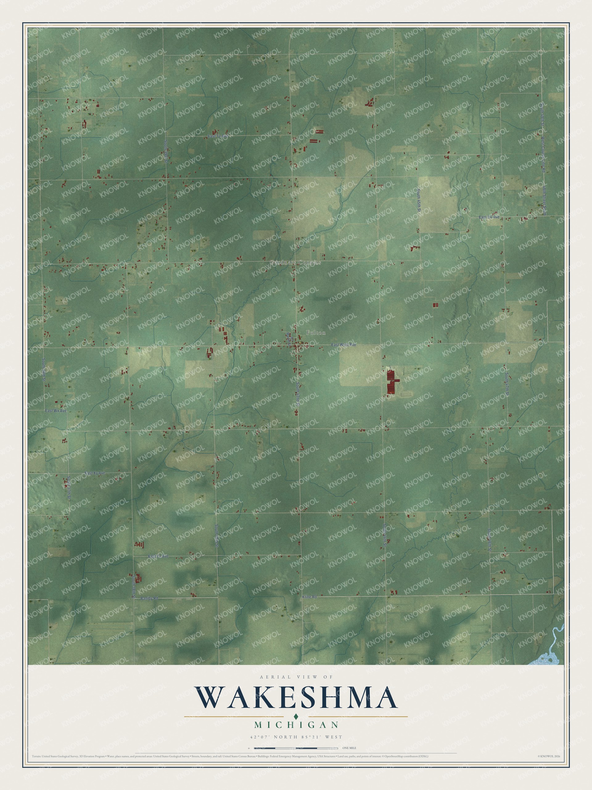 Full map of Wakeshma, Michigan, with red buildings, printed street names and the land around them