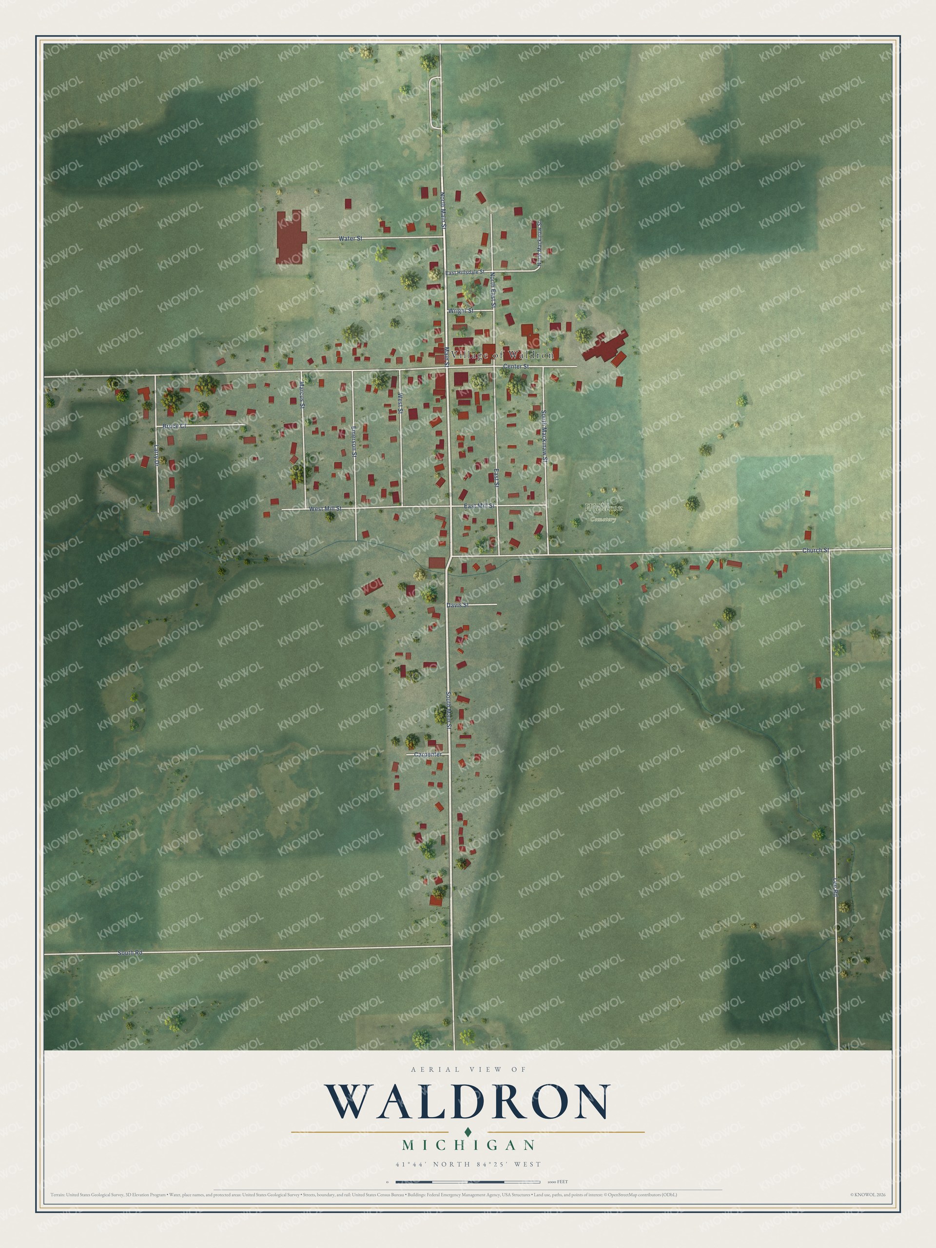 Full map of Waldron, Michigan, with red buildings, printed street names and the land around them