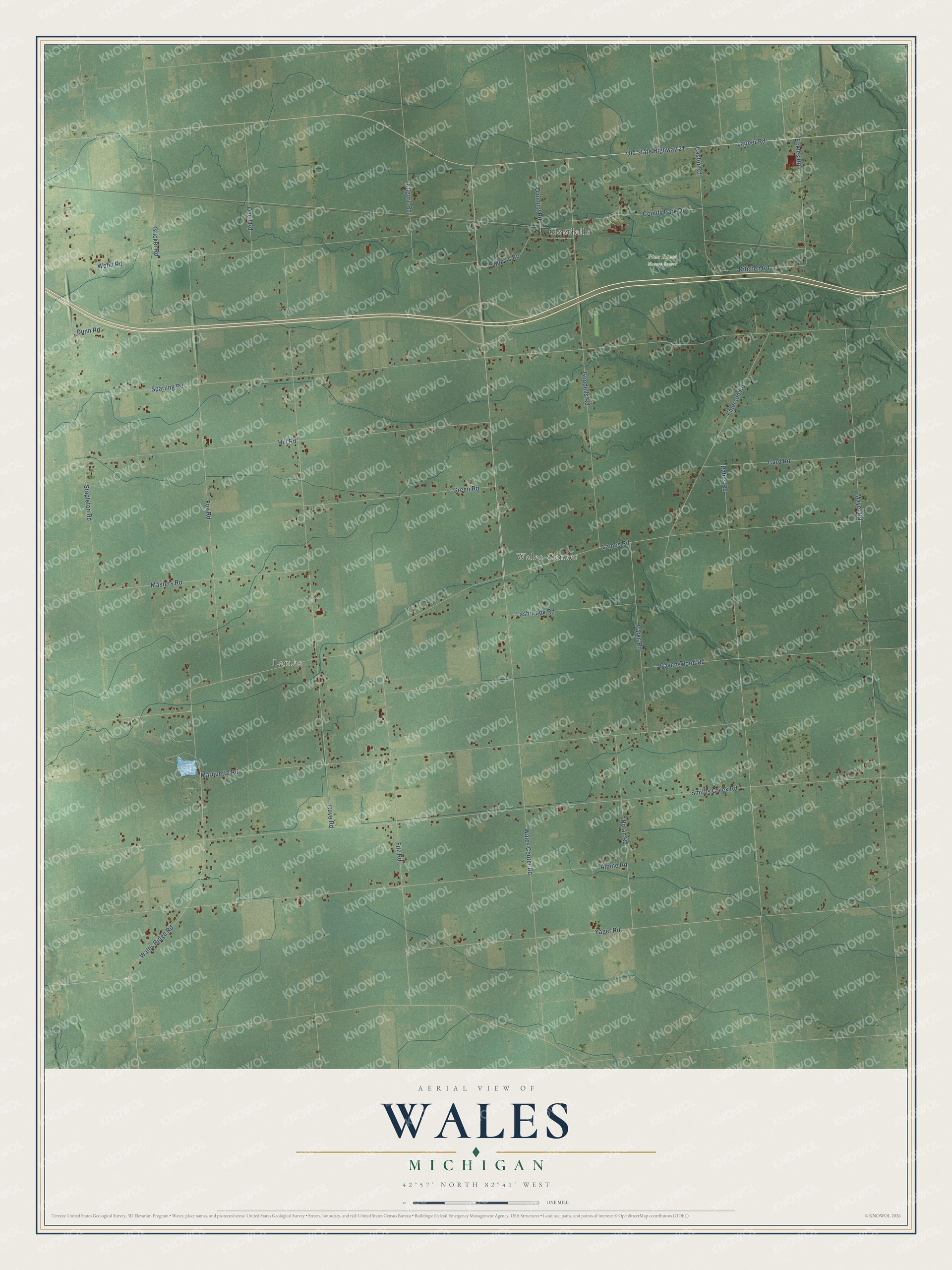 Full map of Wales, Michigan, with red buildings, printed street names and the land around them