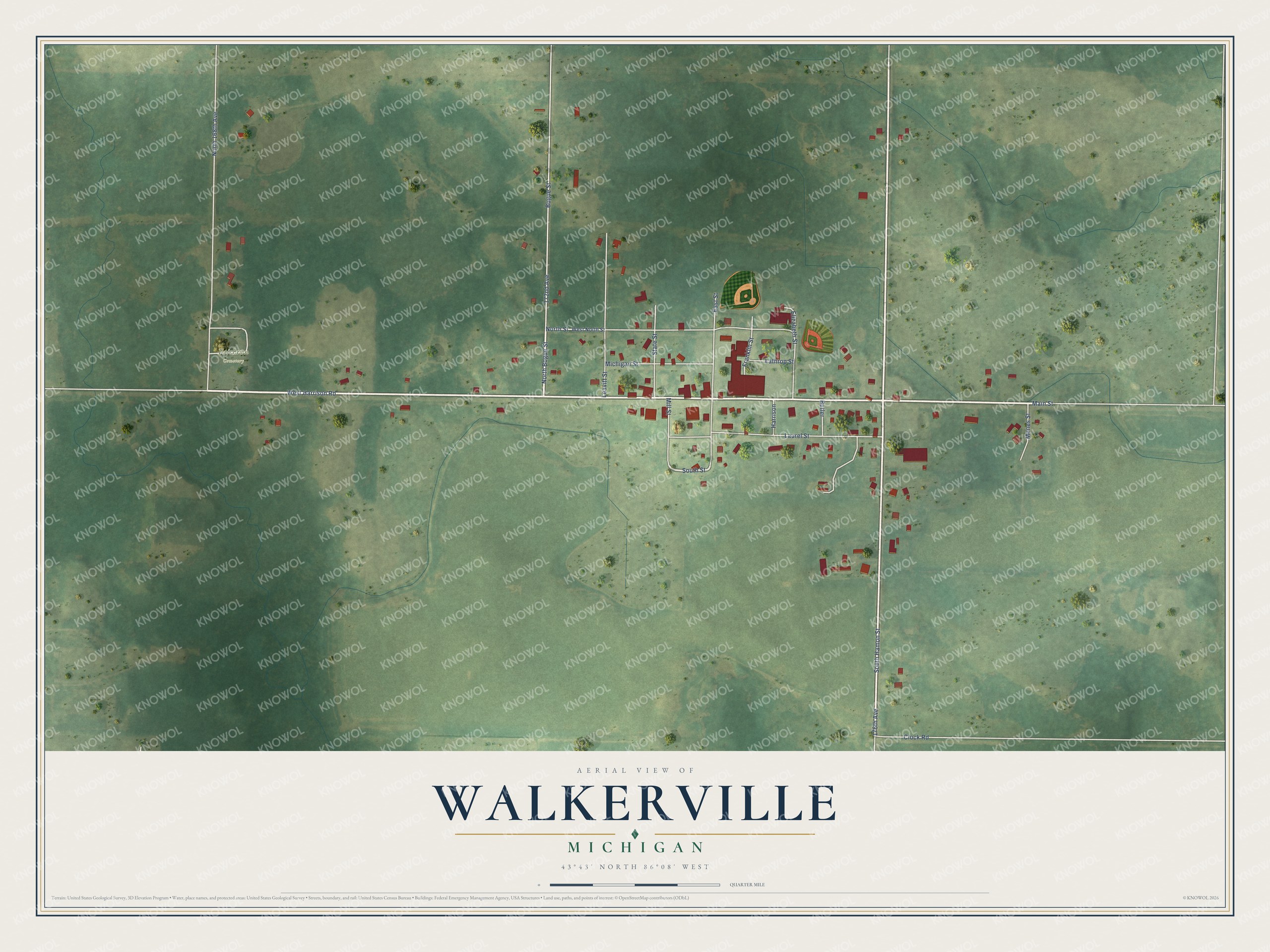Full map of Walkerville, Michigan, with red buildings, printed street names and the land around them