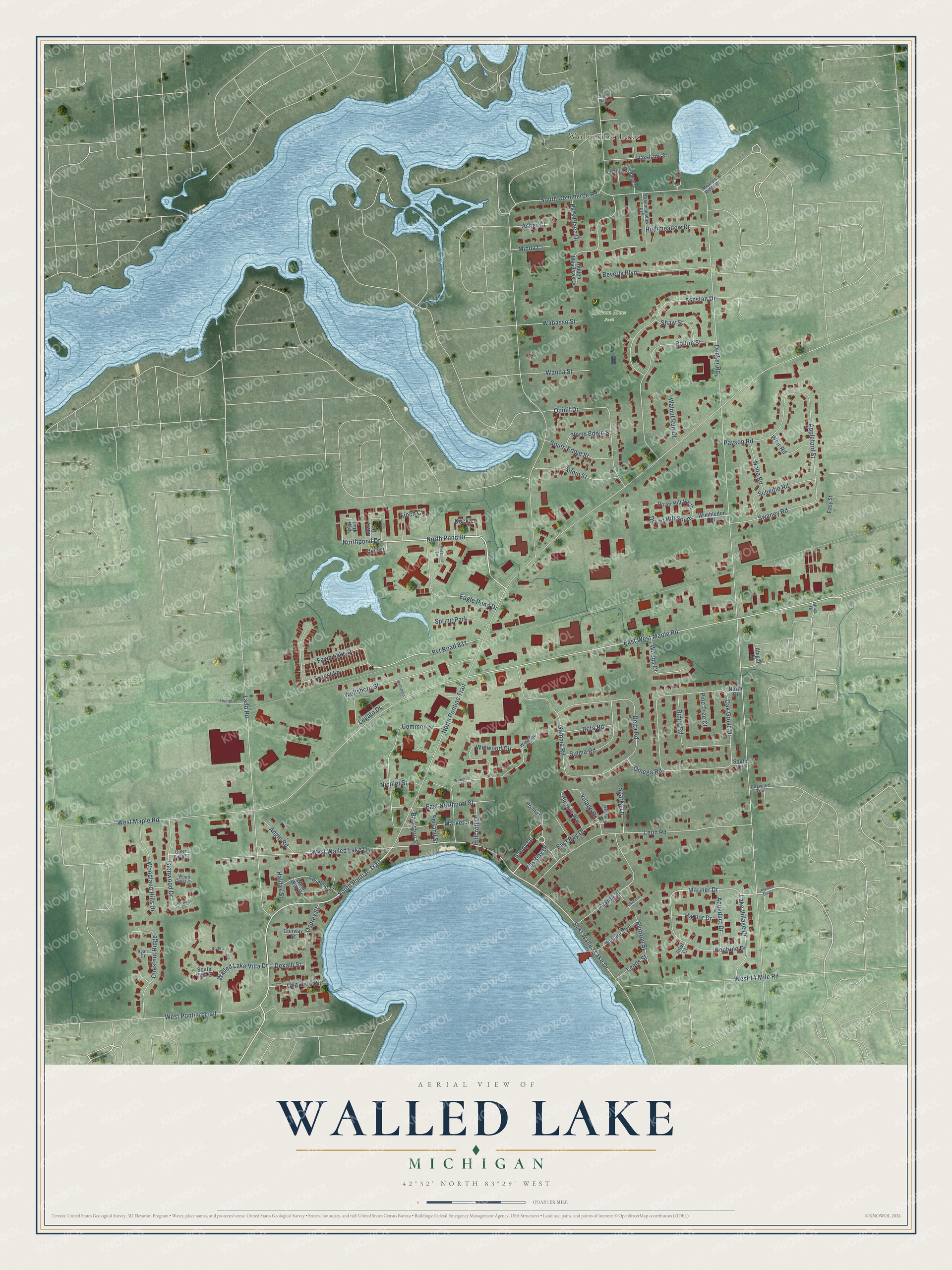 Full map of Walled Lake, Michigan, with red buildings, printed street names and the land around them