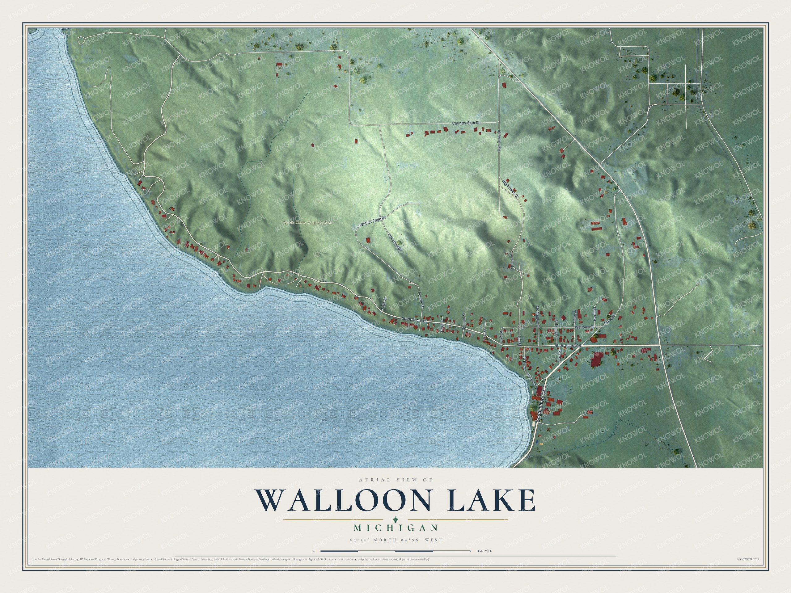 Full map of Walloon Lake, Michigan, with red buildings, printed street names and the land around them
