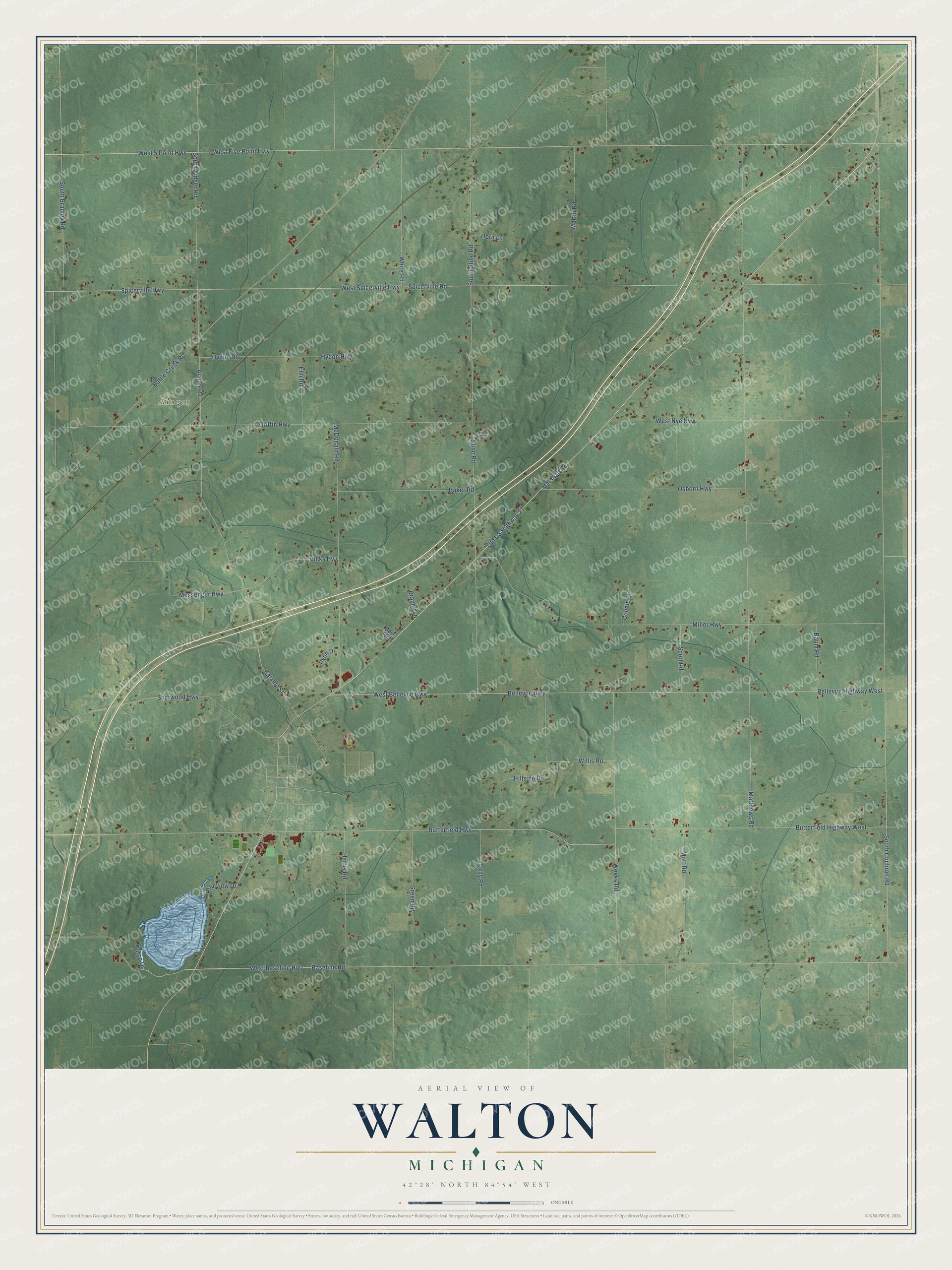 Full map of Walton, Michigan, with red buildings, printed street names and the land around them