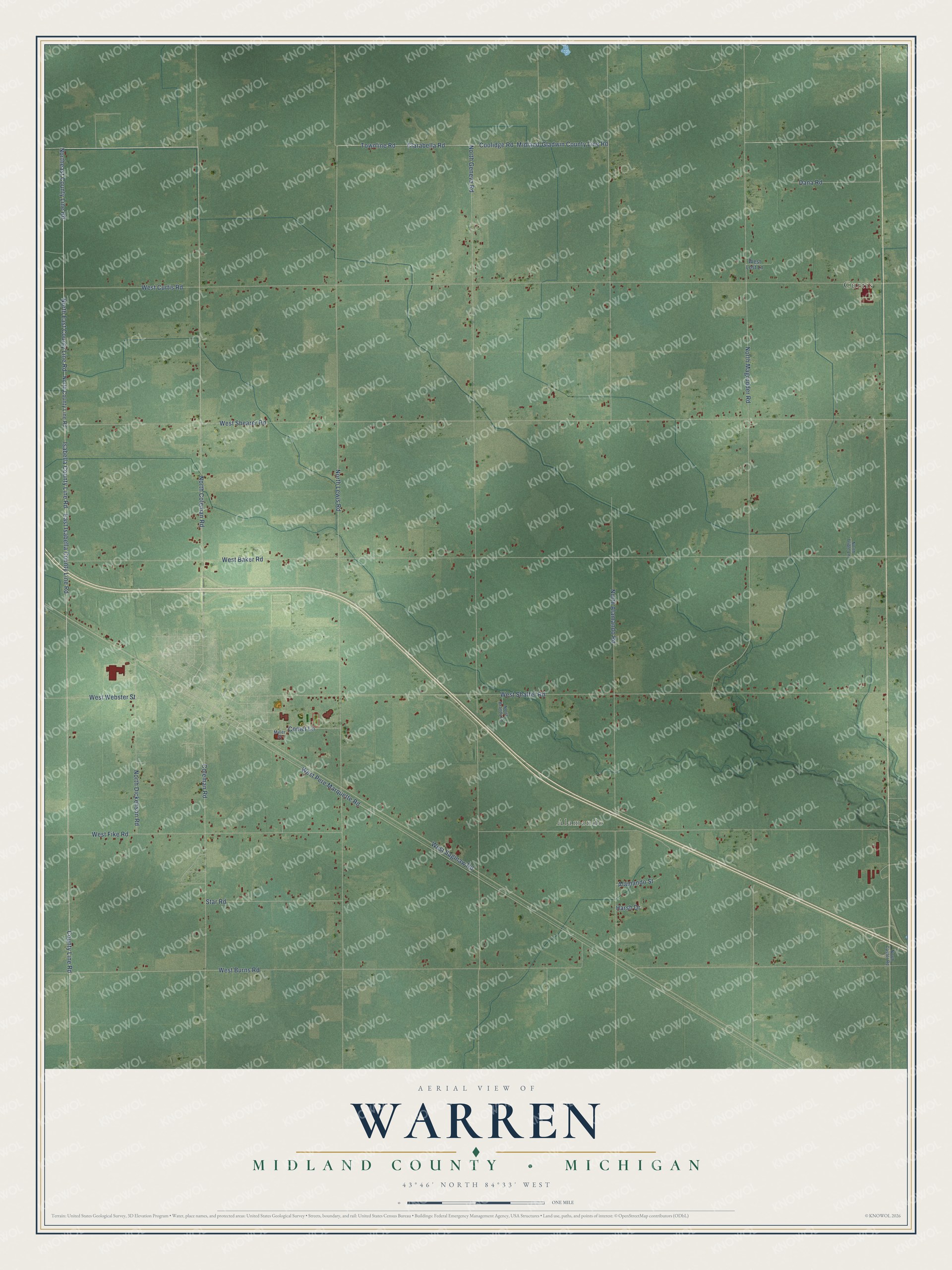 Full map of Warren, Michigan, with red buildings, printed street names and the land around them