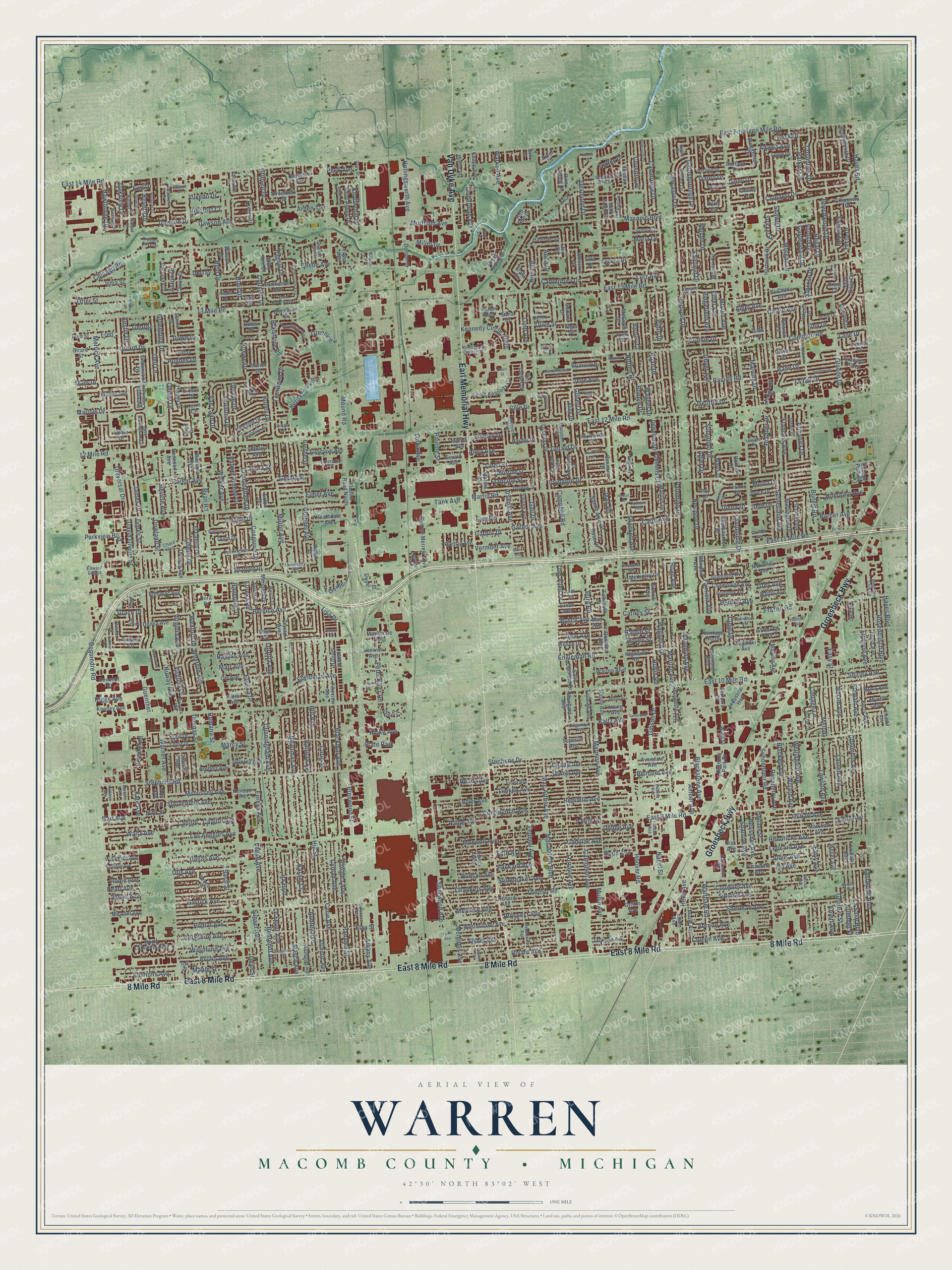 Full map of Warren, Michigan, with red buildings, printed street names and the land around them