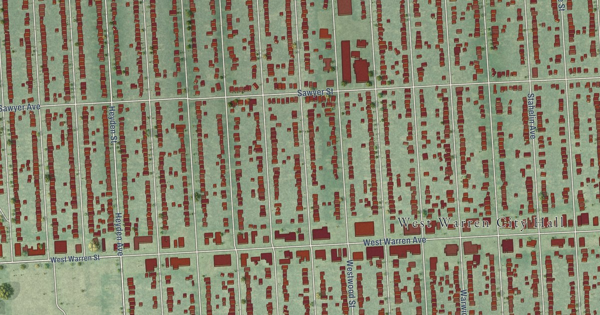 Close-up of streets and buildings in Warrendale, Michigan