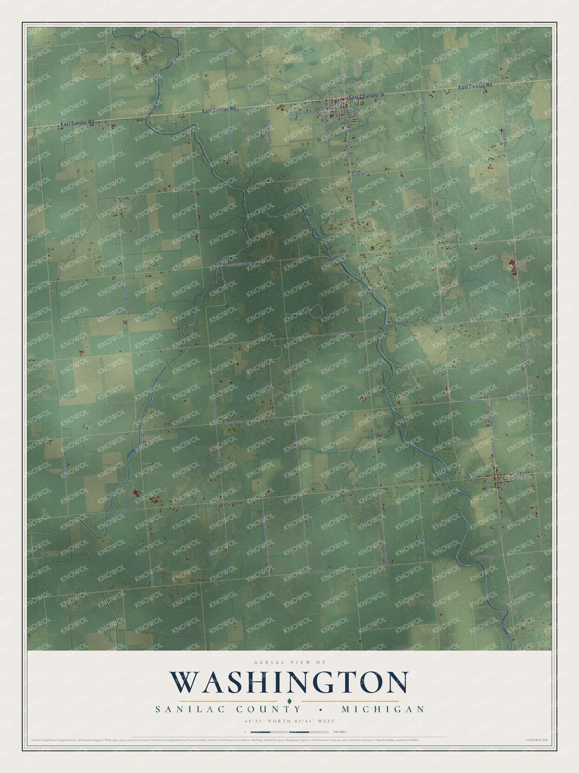 Full map of Washington, Michigan, with red buildings, printed street names and the land around them