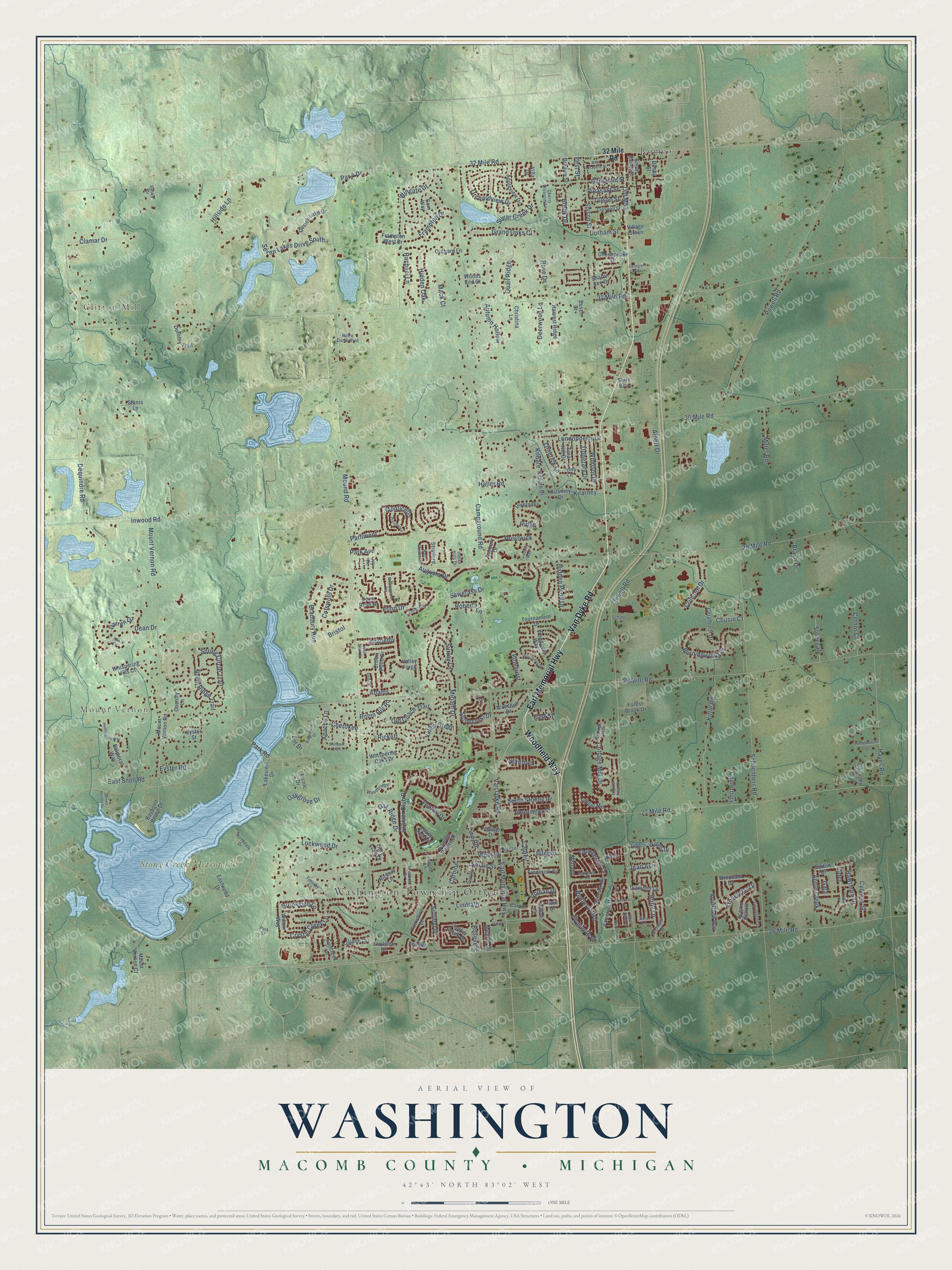 Full map of Washington, Michigan, with red buildings, printed street names and the land around them